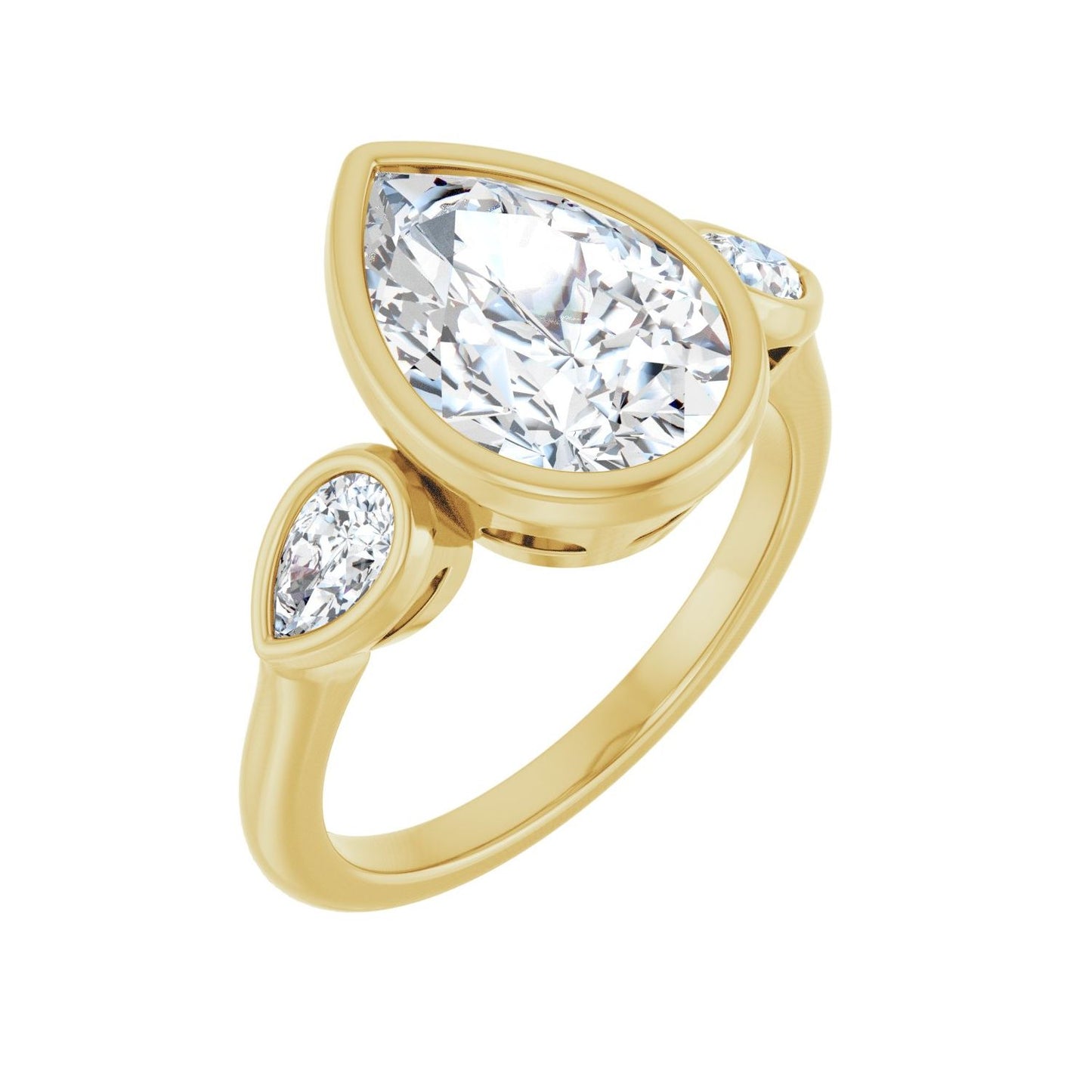 Pear Bezel-Set Three-Stone Engagement Ring | Metal Type=14K Yellow Gold | Center Stone Size=3 CT | Image 1