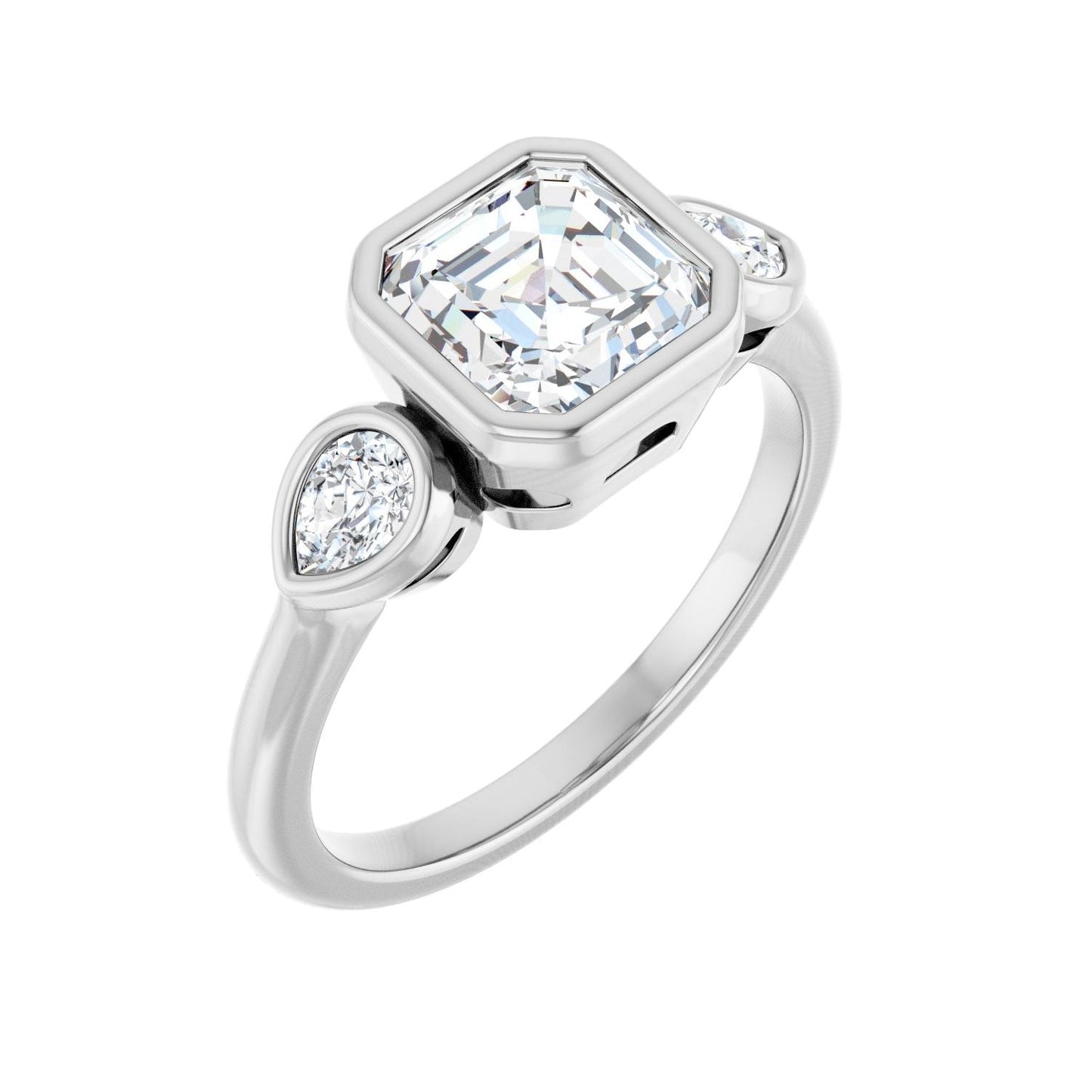 Asscher Bezel-Set Three-Stone Engagement Ring | Metal Type=14K White Gold | Center Stone Size=1.5 CT | Image 1