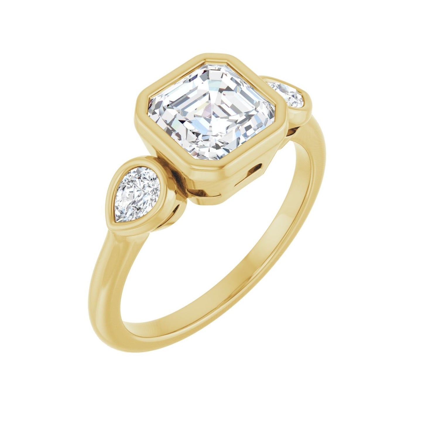 Asscher Bezel-Set Three-Stone Engagement Ring | Metal Type=14K Yellow Gold | Center Stone Size=1.5 CT | Image 1
