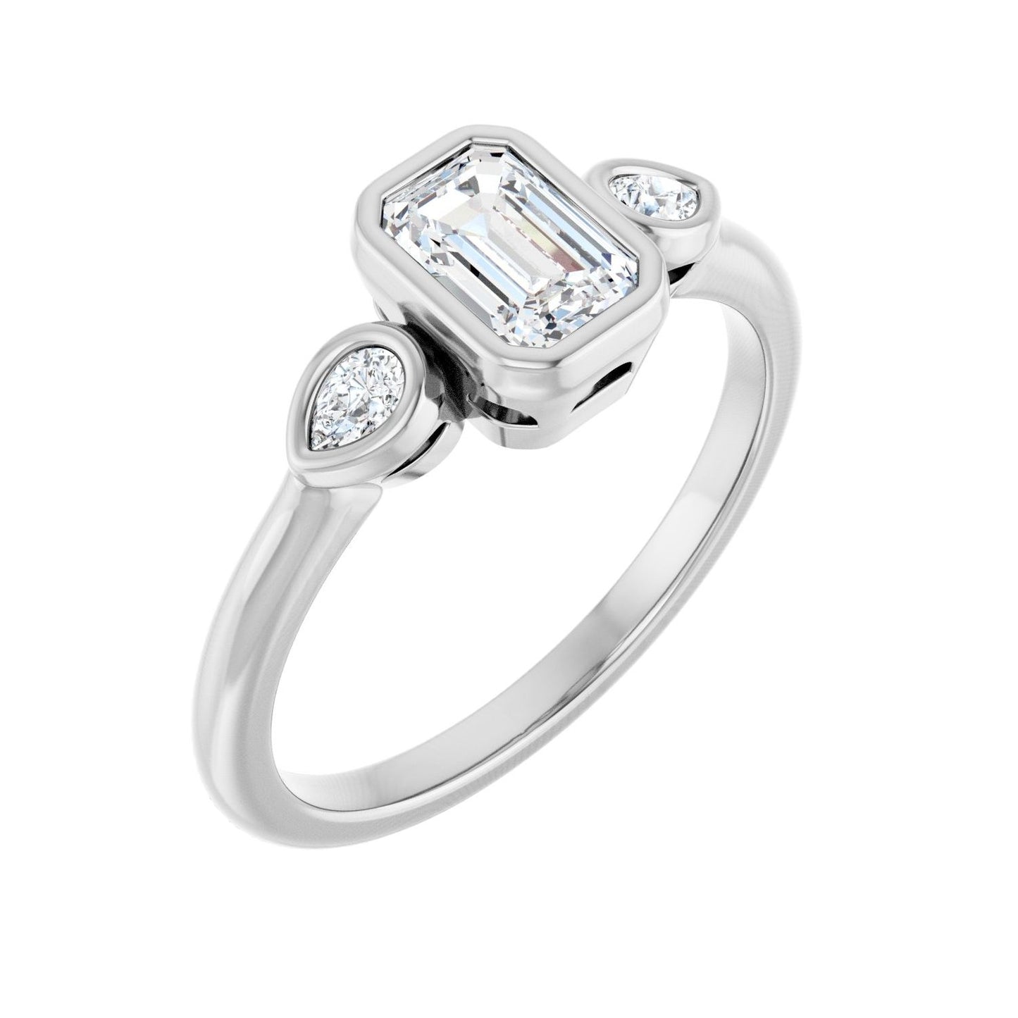 Emerald Bezel-Set Three-Stone Engagement Ring | Metal Type=14K White Gold | Center Stone Size=1 CT | Image 1