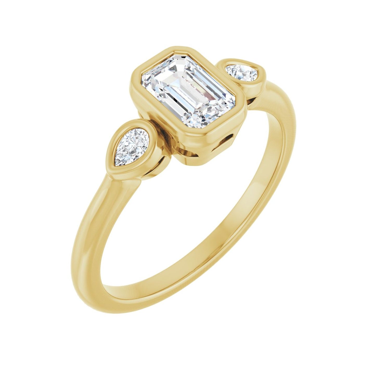Emerald Bezel-Set Three-Stone Engagement Ring | Metal Type=14K Yellow Gold | Center Stone Size=1 CT | Image 1