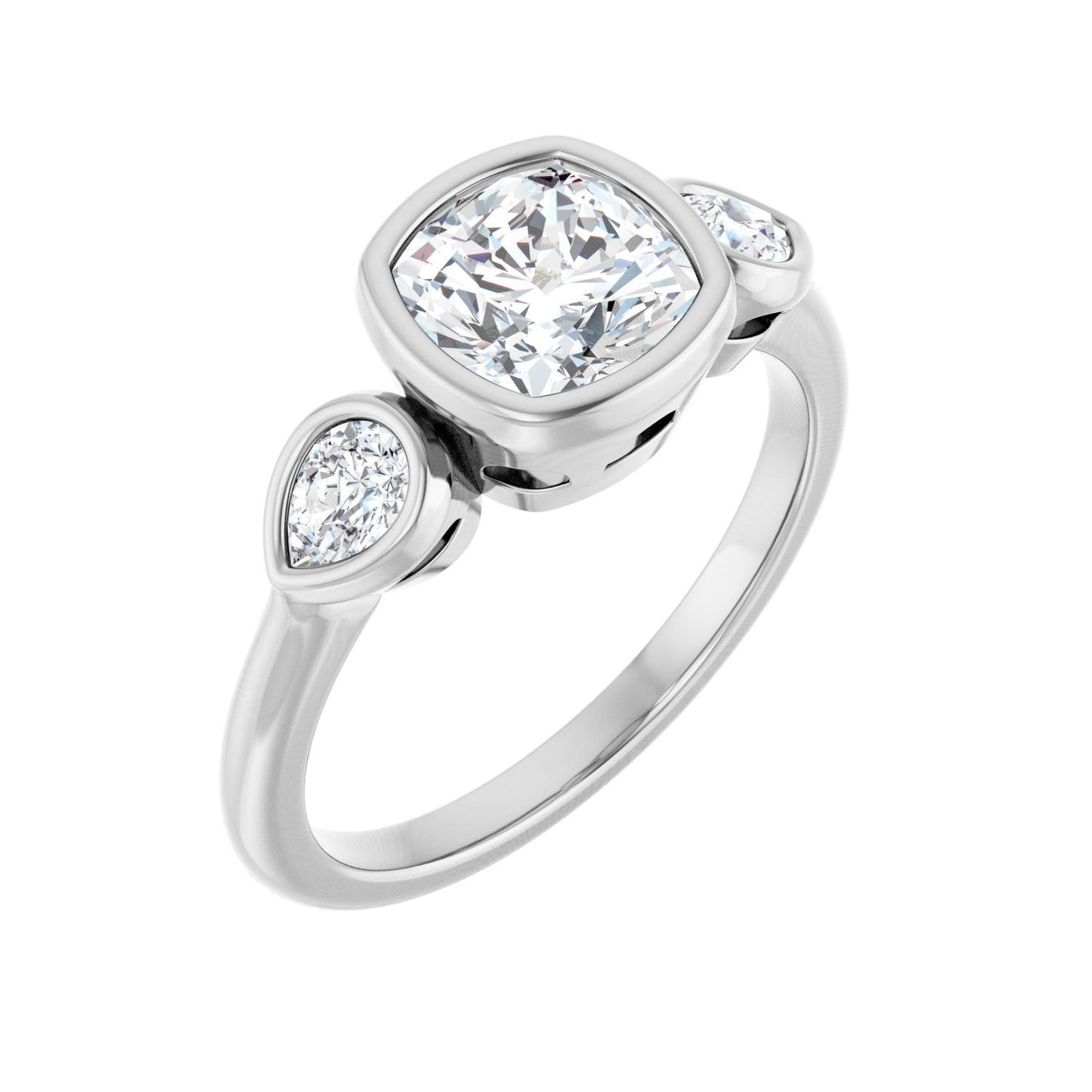 Cushion Bezel-Set Three-Stone Engagement Ring | Metal Type=14K White Gold | Center Stone Size=1.5 CT | Image 1