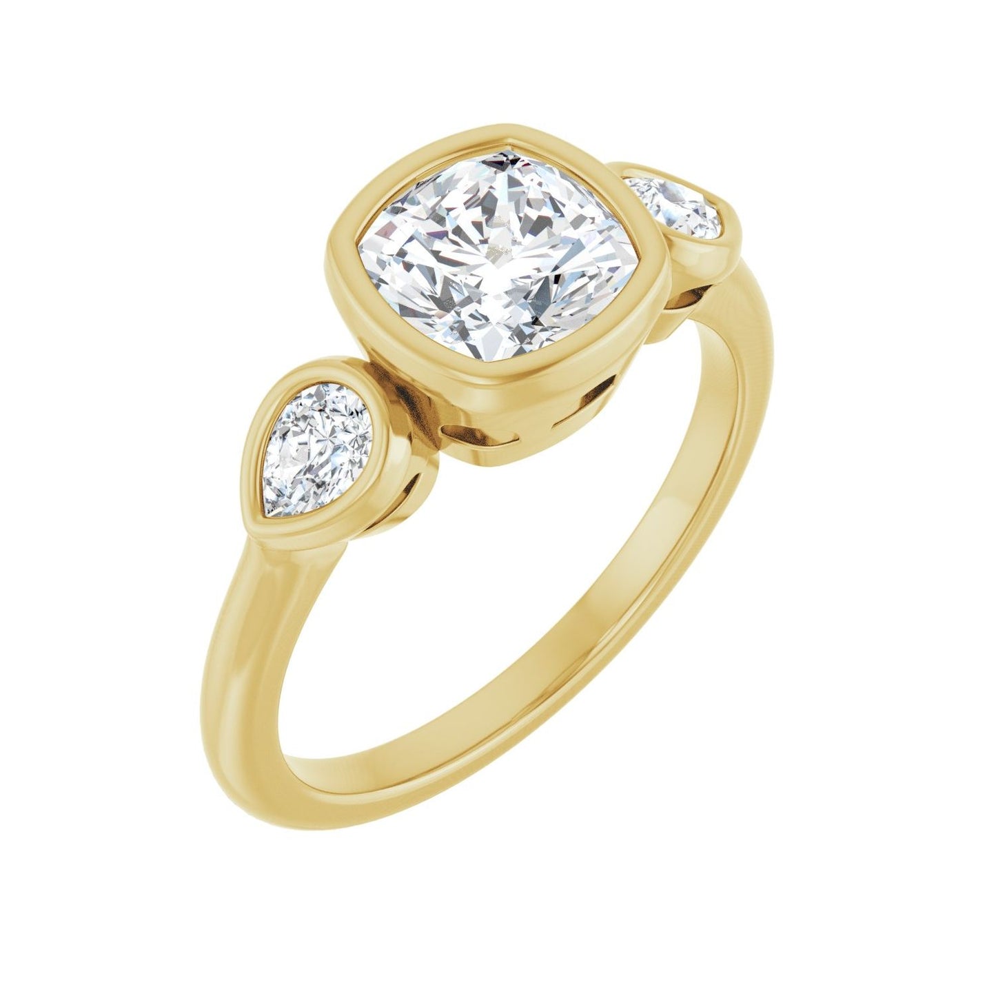 Cushion Bezel-Set Three-Stone Engagement Ring | Metal Type=14K Yellow Gold | Center Stone Size=1.5 CT | Image 1