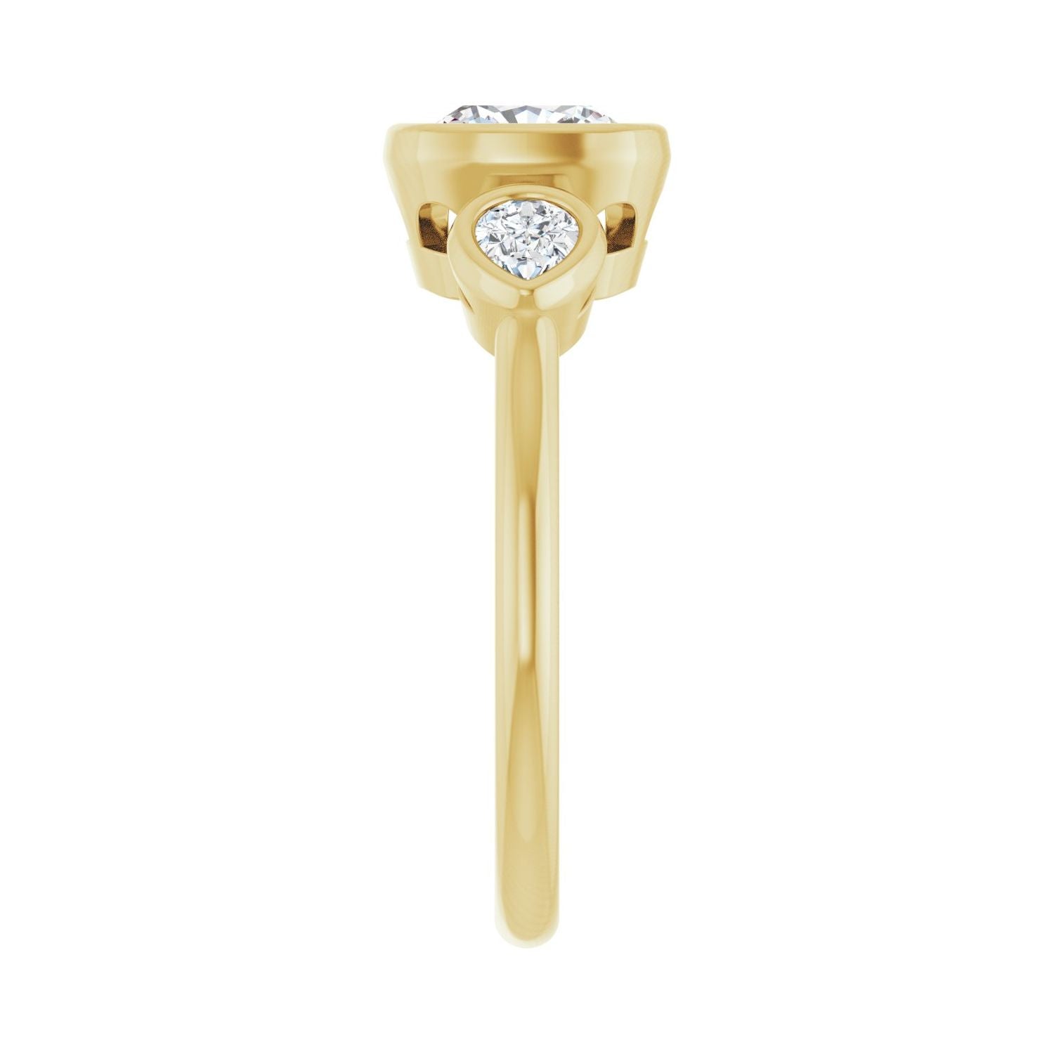 Cushion Bezel-Set Three-Stone Engagement Ring | Metal Type=14K Yellow Gold | Center Stone Size=1.5 CT | Image 4
