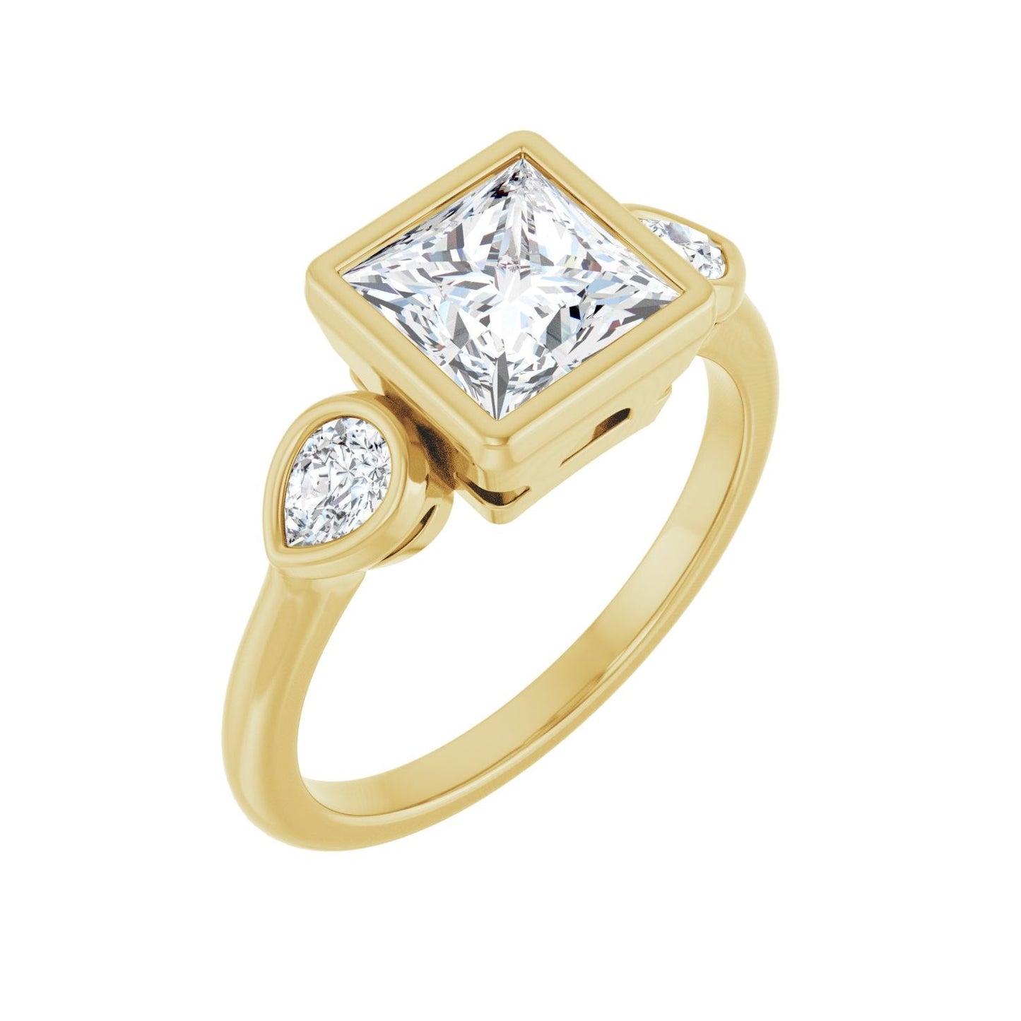 Square Bezel-Set Three-Stone Engagement Ring | Metal Type=14K Yellow Gold | Center Stone Size=1.5 CT | Image 1