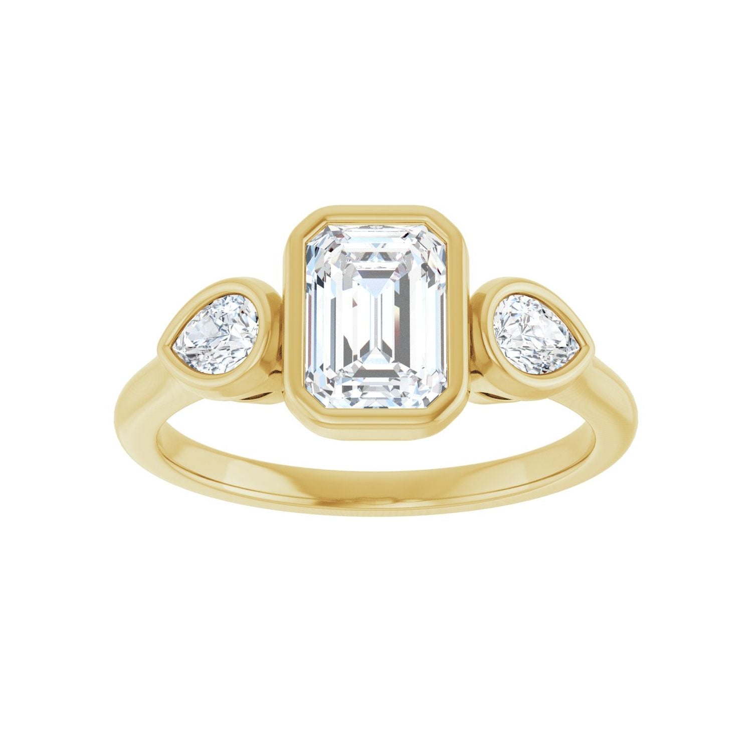 Emerald Bezel-Set Three-Stone Engagement Ring | Metal Type=14K Yellow Gold | Center Stone Size=1.5 CT | Image 3