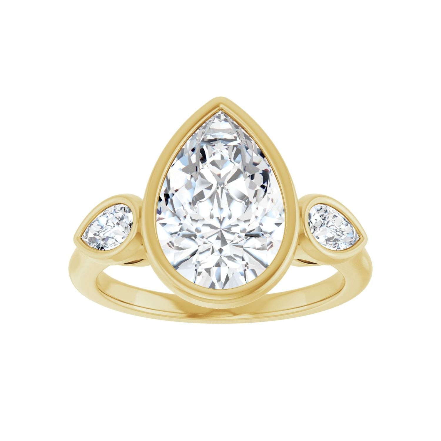 Pear Bezel-Set Three-Stone Engagement Ring | Metal Type=14K Yellow Gold | Center Stone Size=3 CT | Image 3