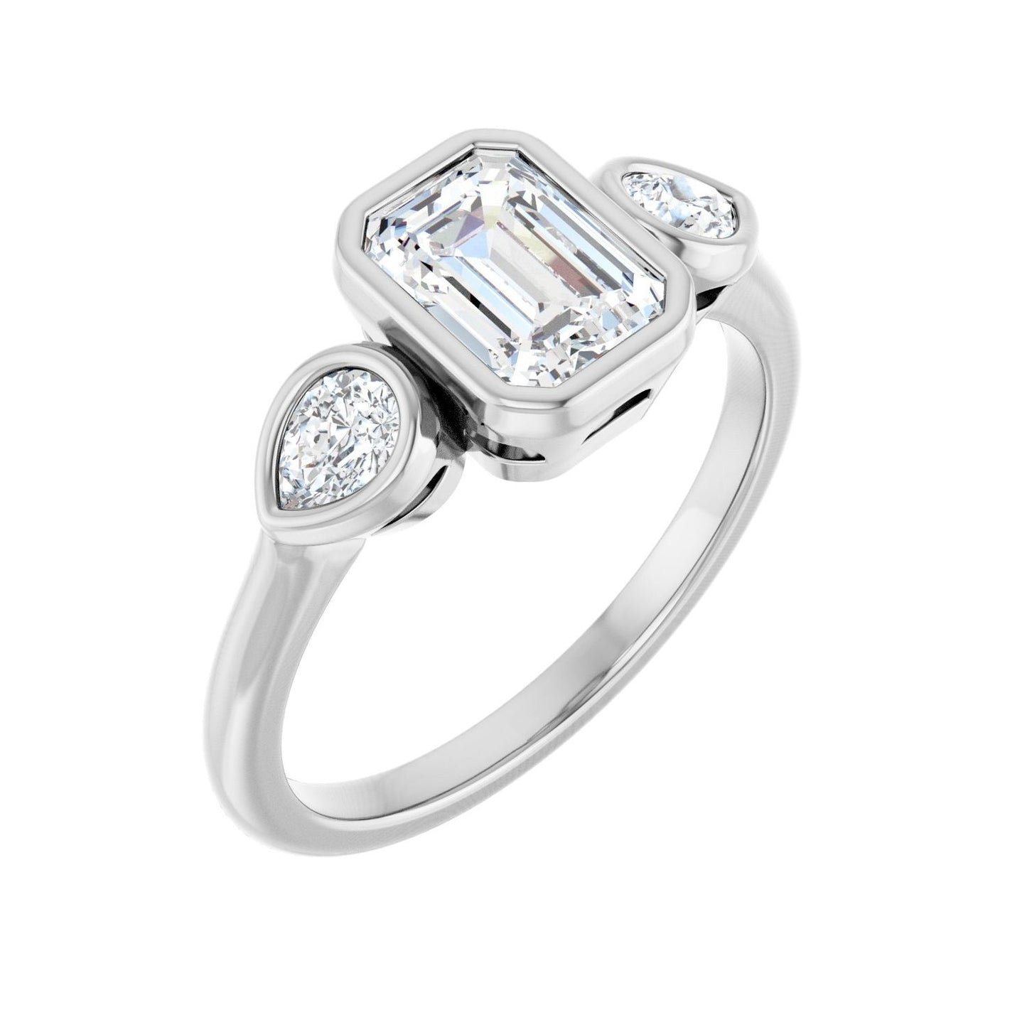 Emerald Bezel-Set Three-Stone Engagement Ring | Metal Type=14K White Gold | Center Stone Size=1.5 CT | Image 1