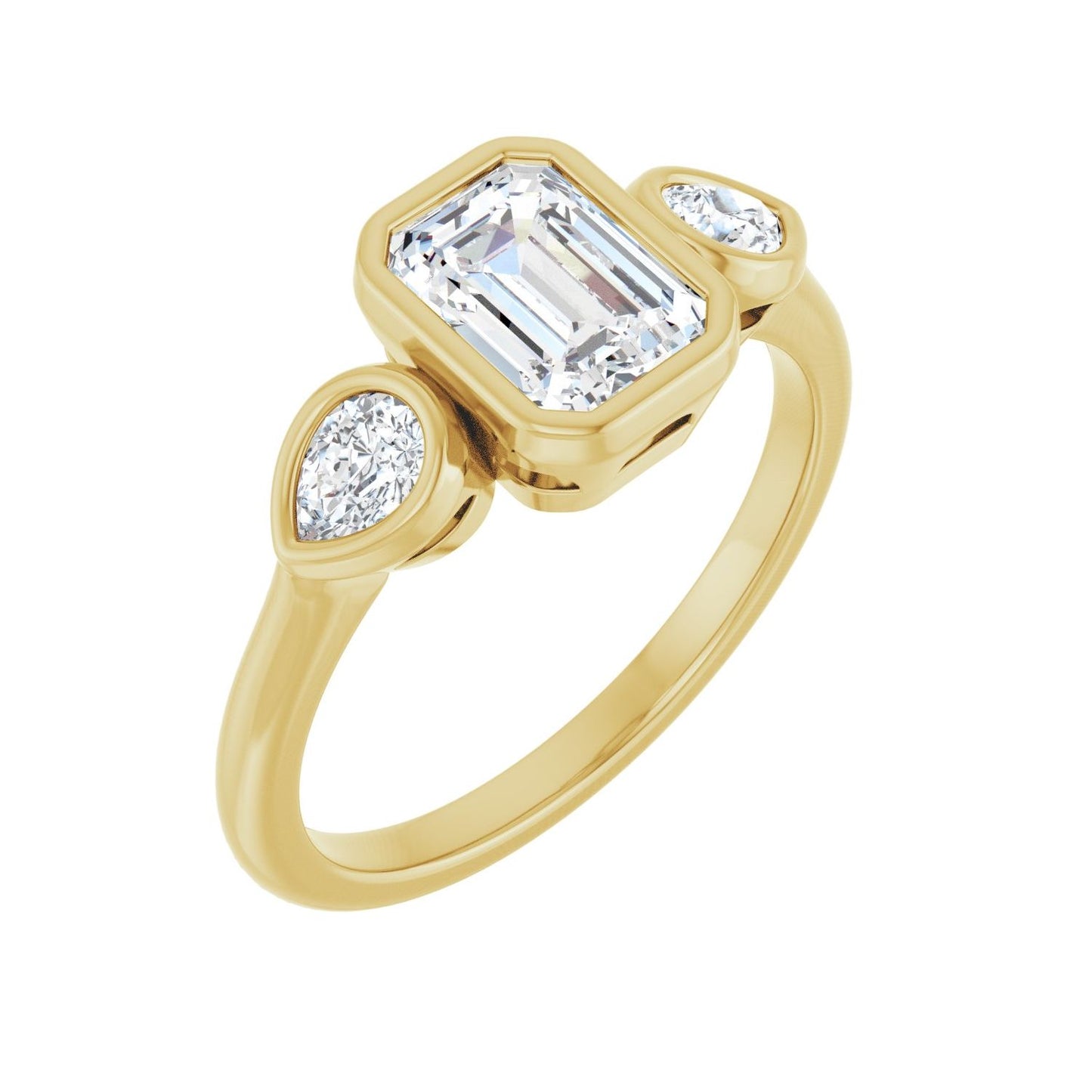 Emerald Bezel-Set Three-Stone Engagement Ring | Metal Type=14K Yellow Gold | Center Stone Size=1.5 CT | Image 1