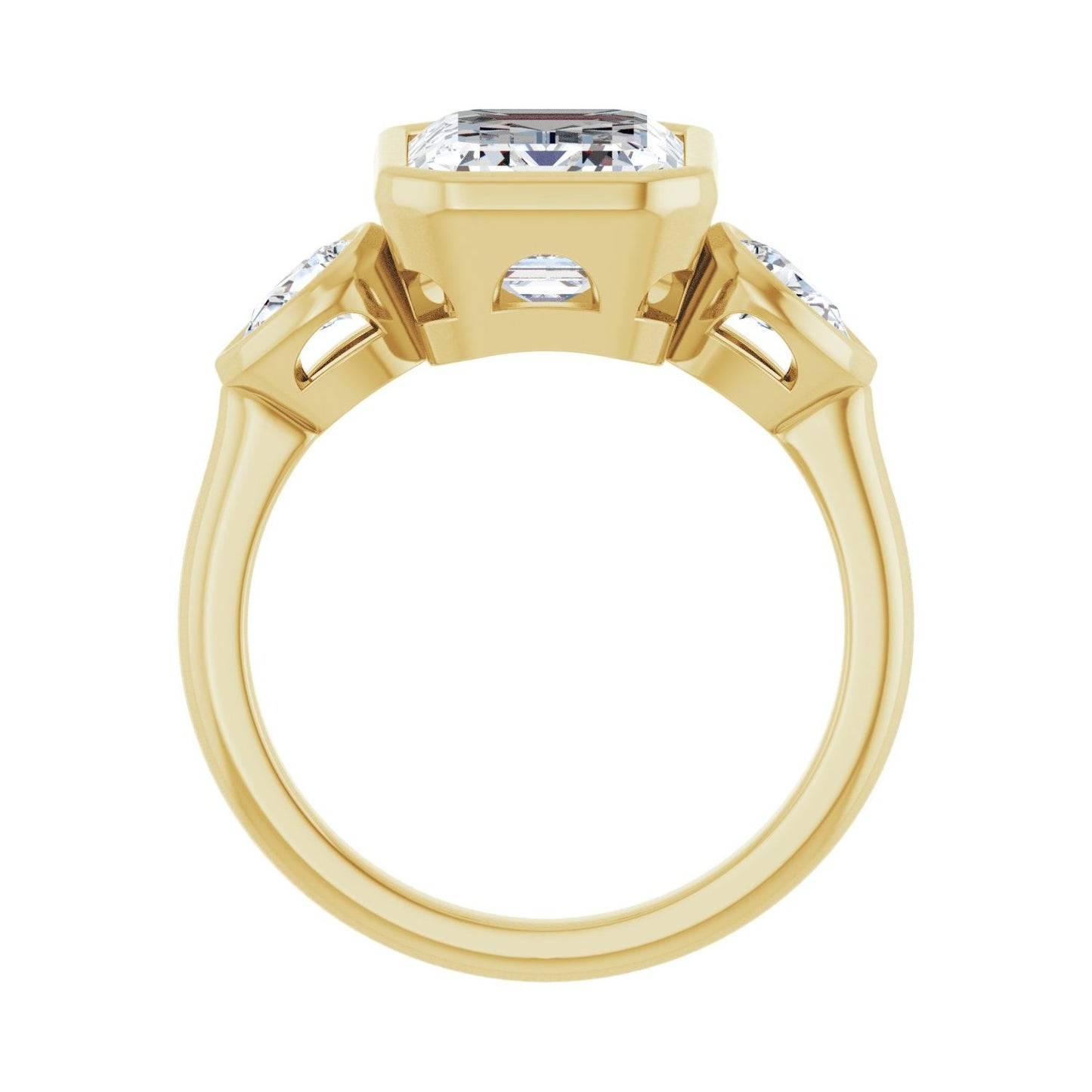 Emerald Bezel-Set Three-Stone Engagement Ring | Metal Type=14K Yellow Gold | Center Stone Size=3 CT | Image 2