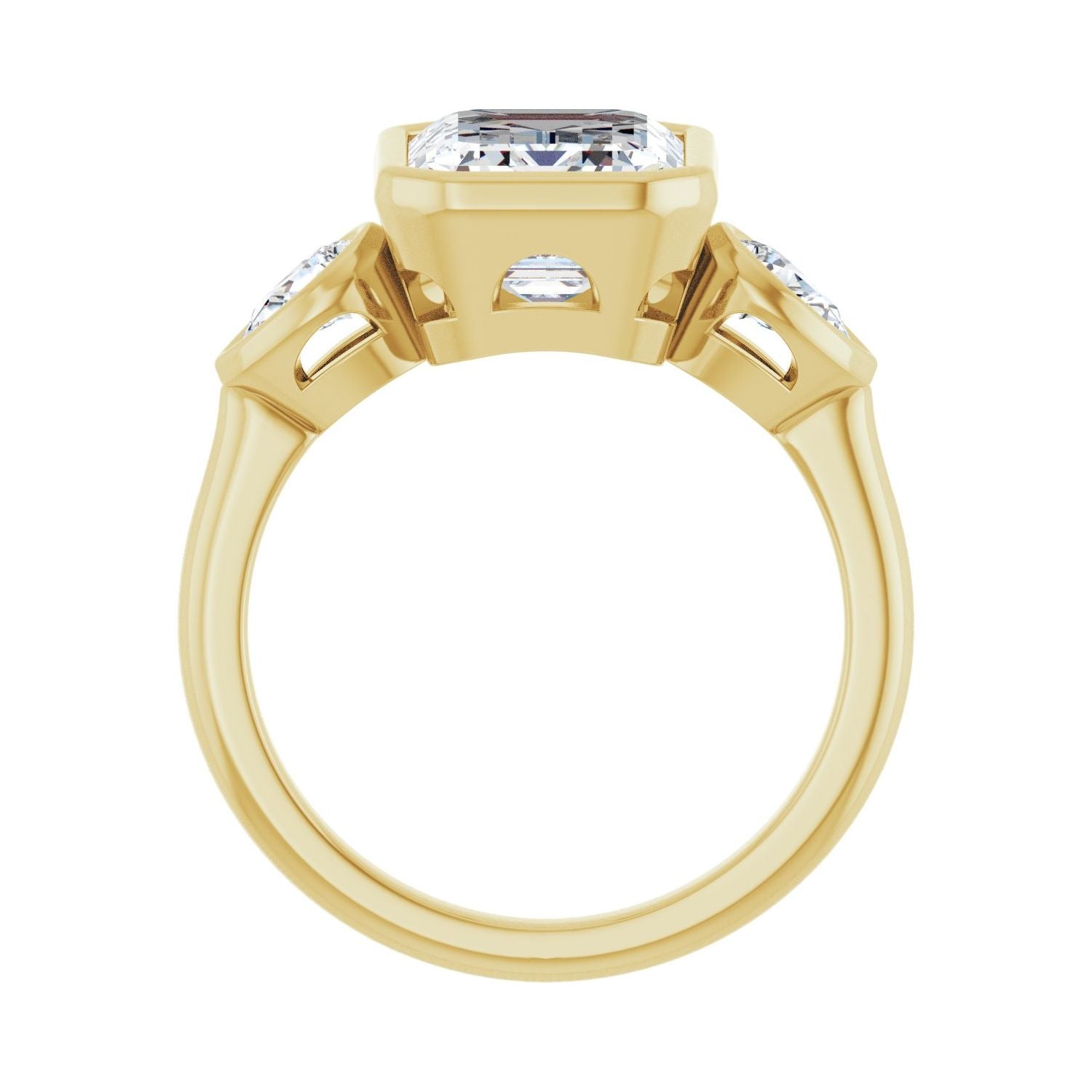 Emerald Bezel-Set Three-Stone Engagement Ring | Metal Type=14K Yellow Gold | Center Stone Size=3 CT | Image 2