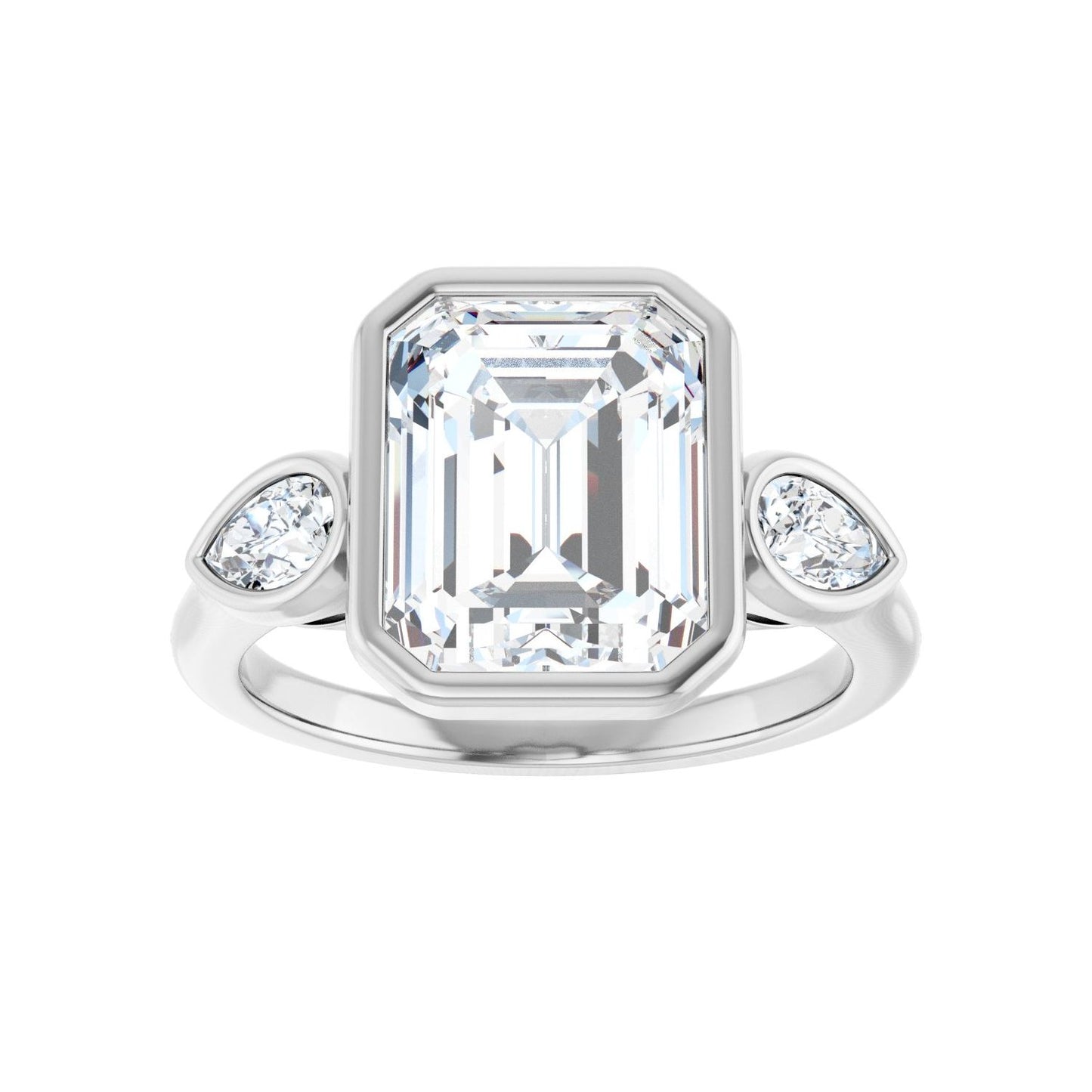 Emerald Bezel-Set Three-Stone Engagement Ring | Metal Type=14K White Gold | Center Stone Size=3 CT | Image 3