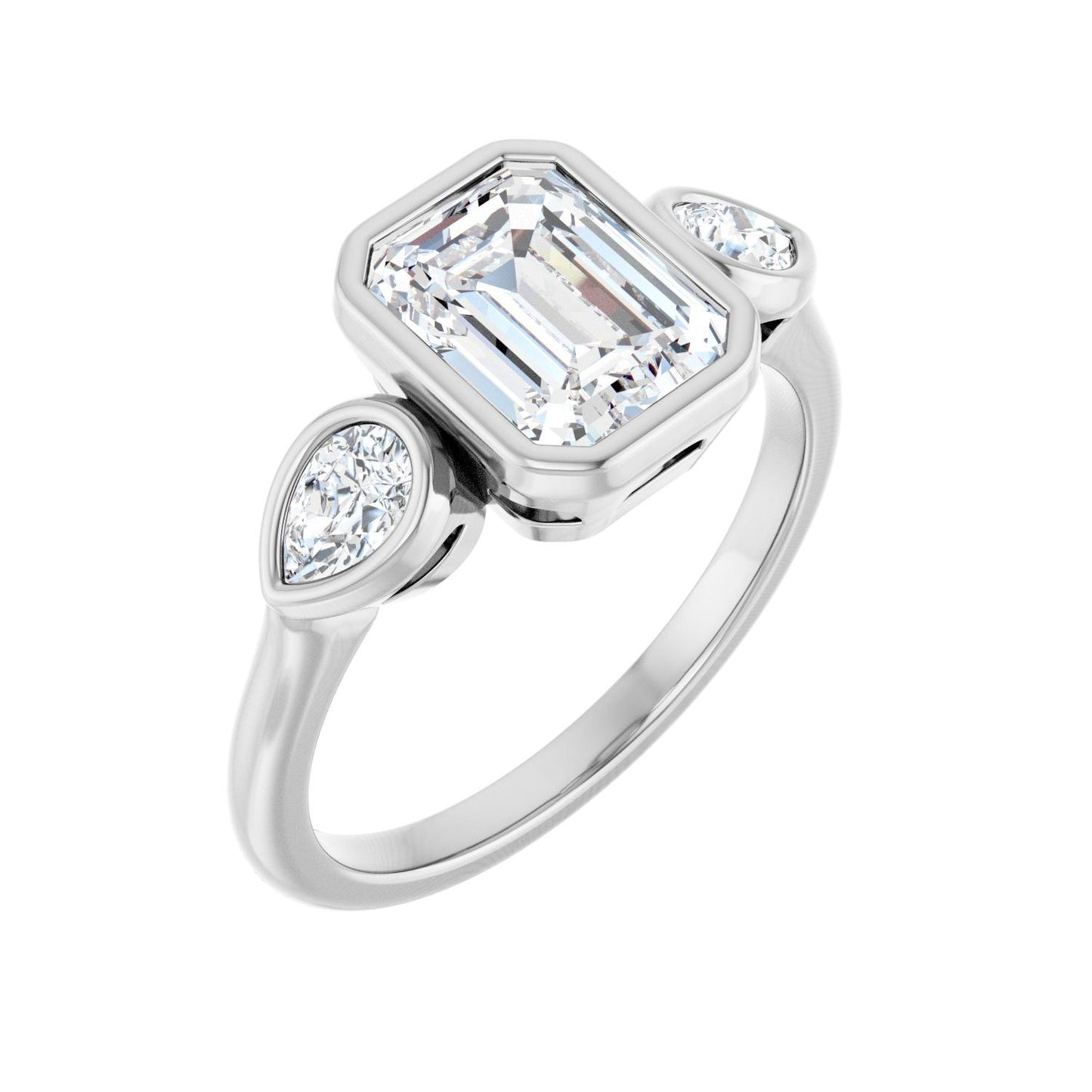 Emerald Bezel-Set Three-Stone Engagement Ring | Metal Type=14K White Gold | Center Stone Size=2 CT | Image 1