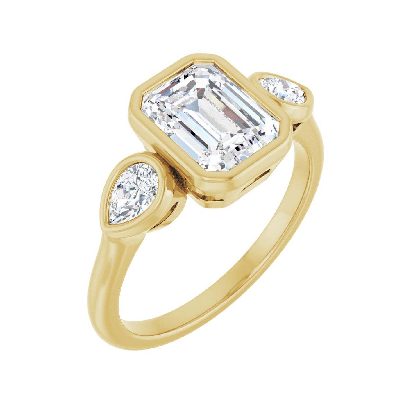 Emerald Bezel-Set Three-Stone Engagement Ring | Metal Type=14K Yellow Gold | Center Stone Size=2 CT | Image 1