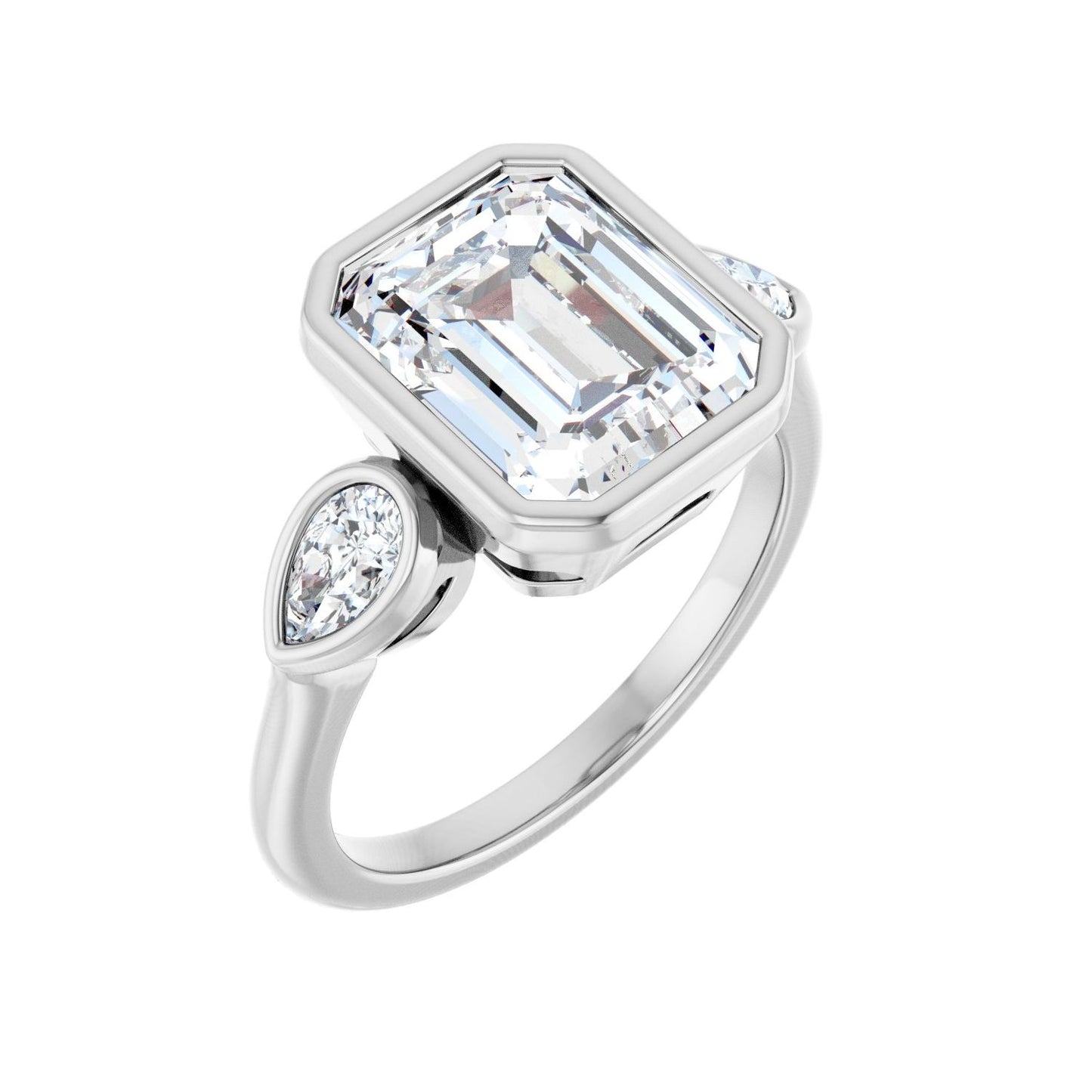 Emerald Bezel-Set Three-Stone Engagement Ring | Metal Type=14K White Gold | Center Stone Size=3 CT | Image 1