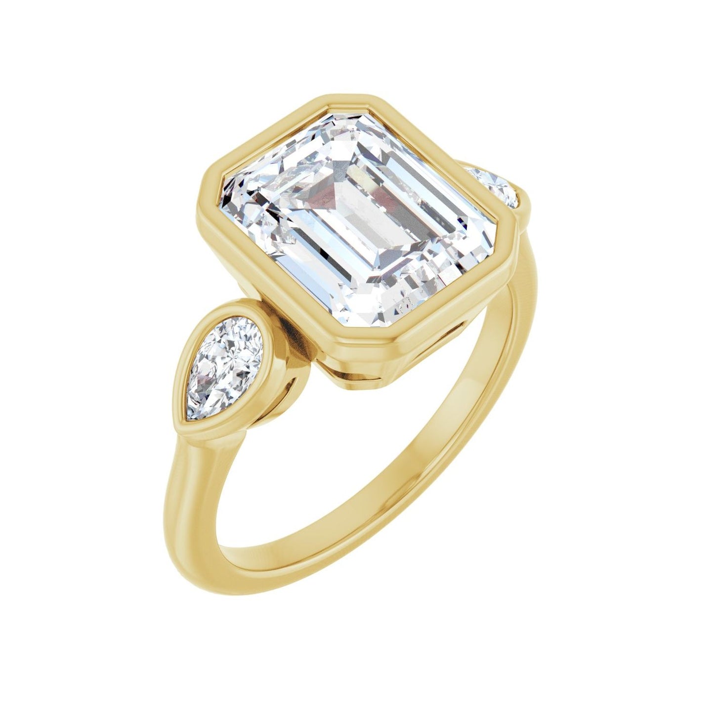 Emerald Bezel-Set Three-Stone Engagement Ring | Metal Type=14K Yellow Gold | Center Stone Size=3 CT | Image 1