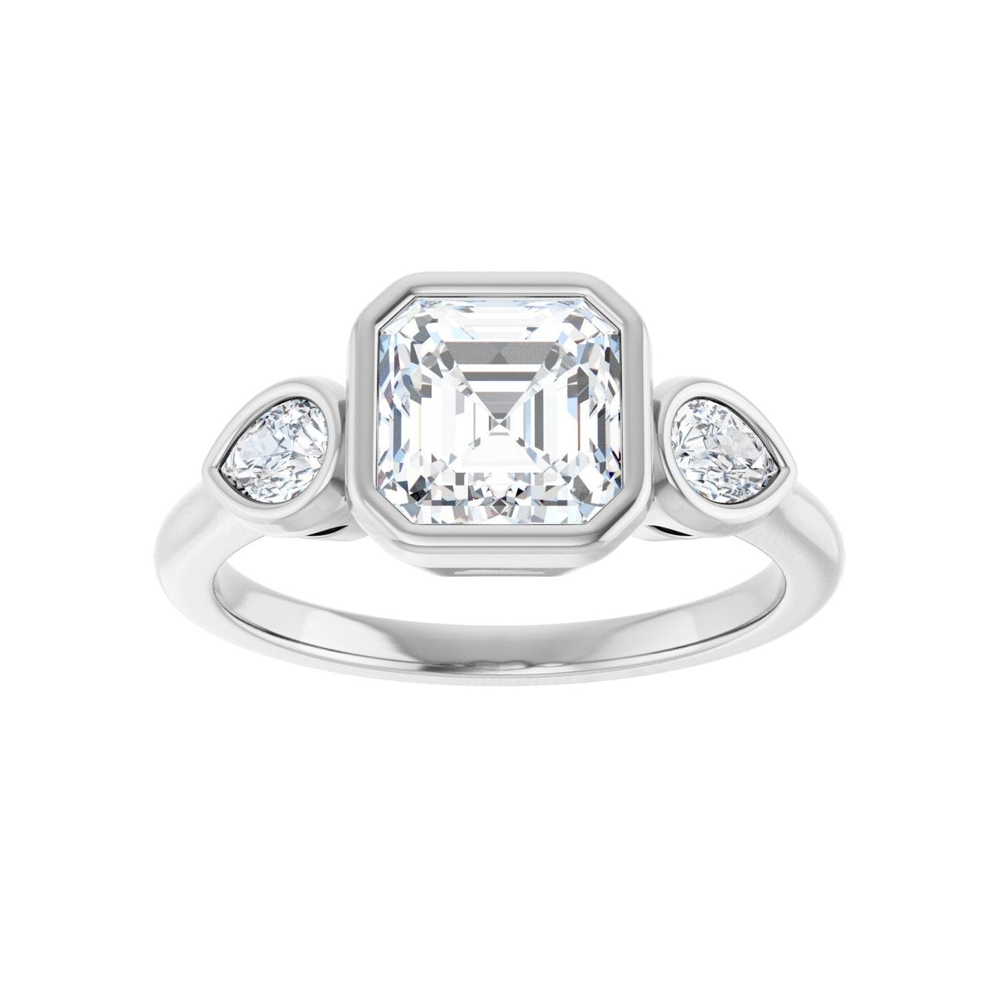 Asscher Bezel-Set Three-Stone Engagement Ring | Metal Type=14K White Gold | Center Stone Size=1.5 CT | Image 3