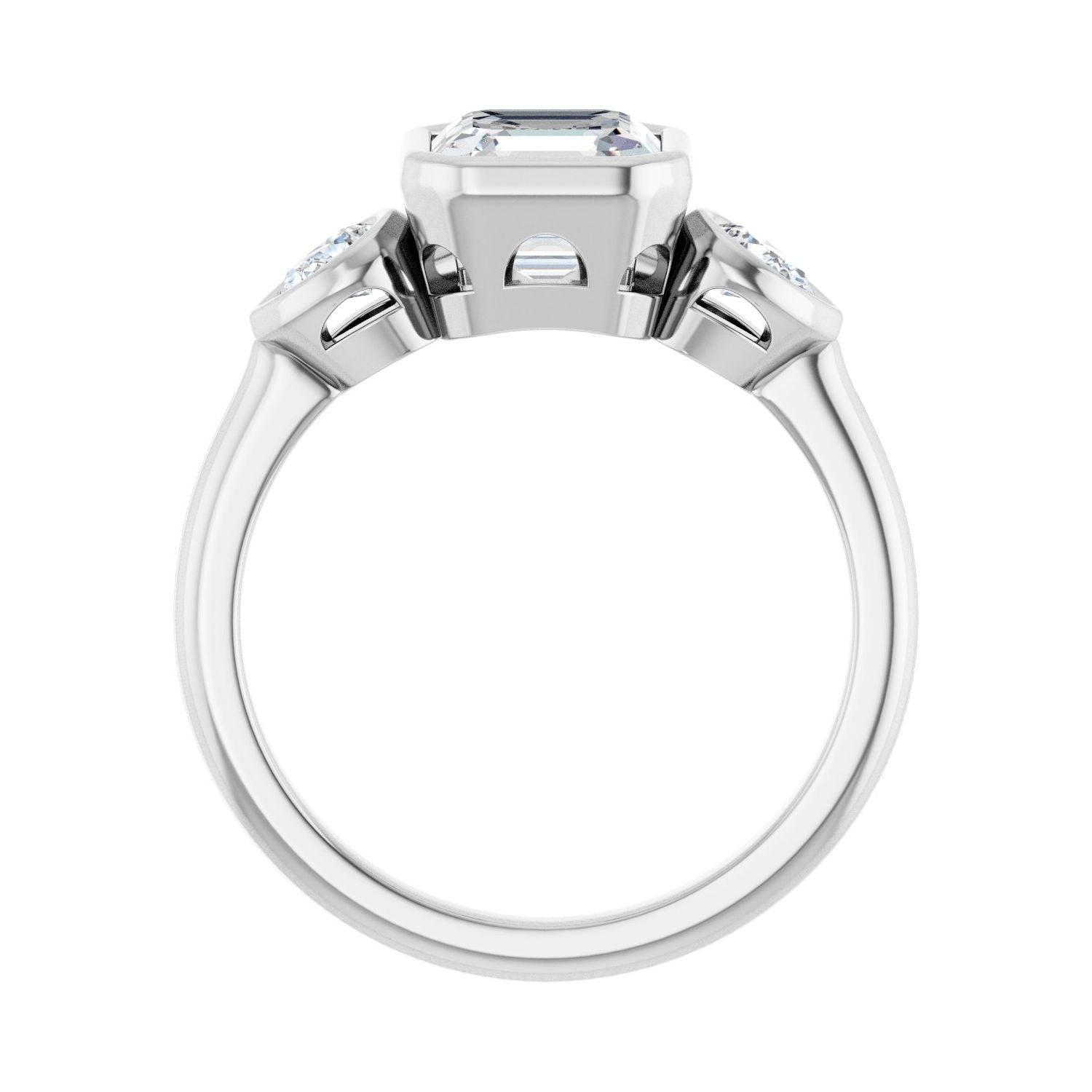 Asscher Bezel-Set Three-Stone Engagement Ring | Metal Type=14K White Gold | Center Stone Size=1.5 CT | Image 2