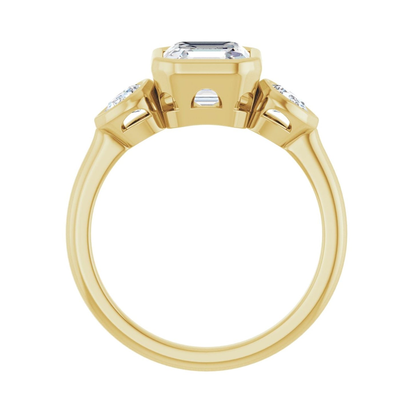 Asscher Bezel-Set Three-Stone Engagement Ring | Metal Type=14K Yellow Gold | Center Stone Size=1.5 CT | Image 2