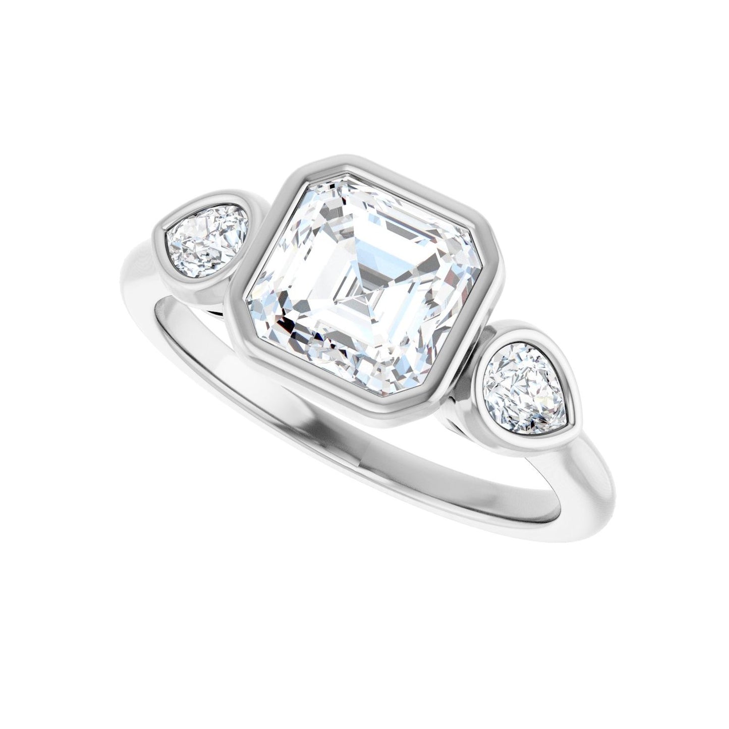 Asscher Bezel-Set Three-Stone Engagement Ring | Metal Type=14K White Gold | Center Stone Size=1.5 CT | Image 5