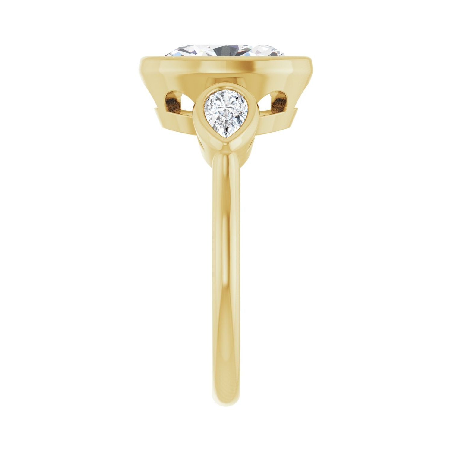 Oval Bezel-Set Three-Stone Engagement Ring | Metal Type=14K Yellow Gold | Center Stone Size=2.5 CT | Image 4