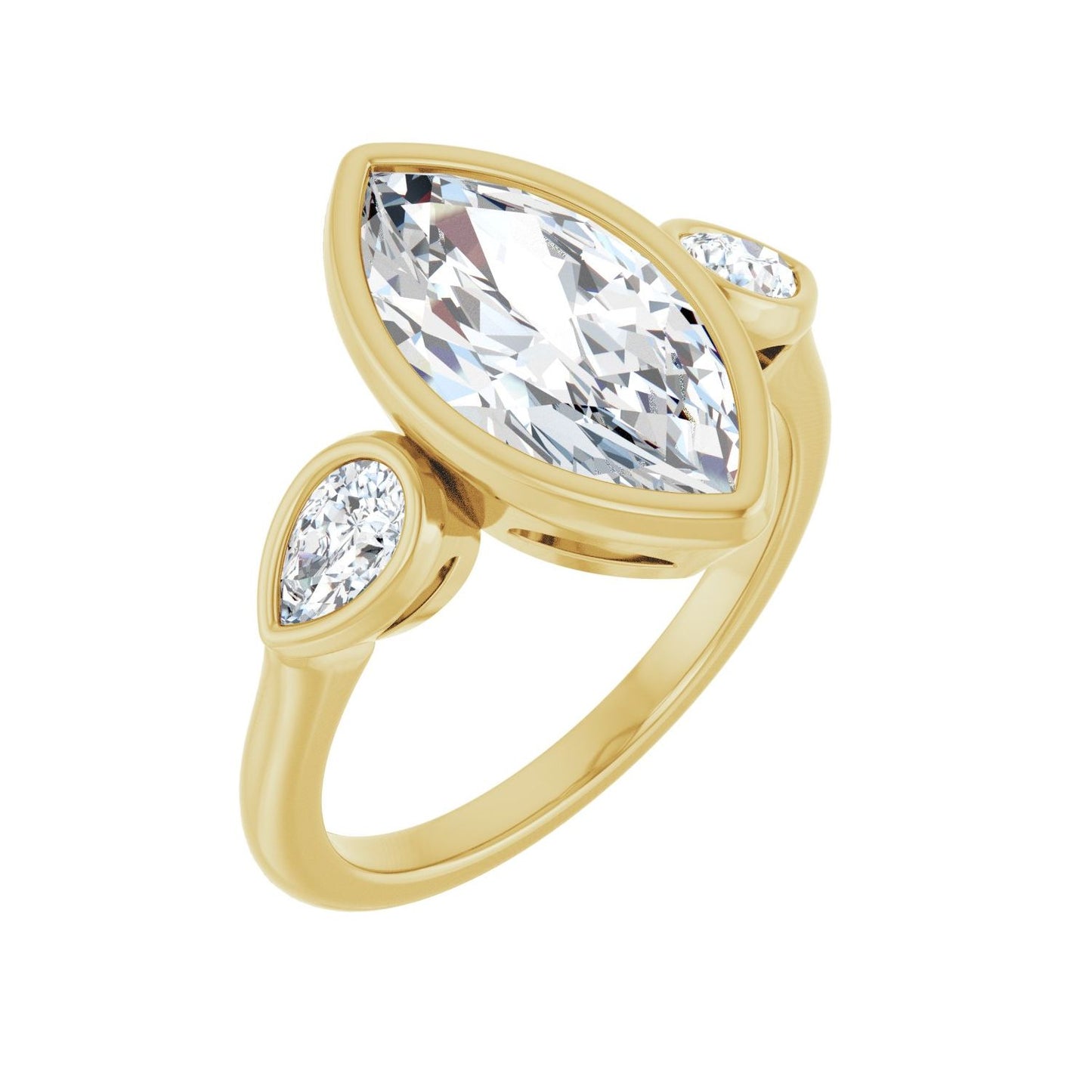 Marquise Bezel-Set Three-Stone Engagement Ring | Metal Type=14K Yellow Gold | Center Stone Size=2.5 CT | Image 1