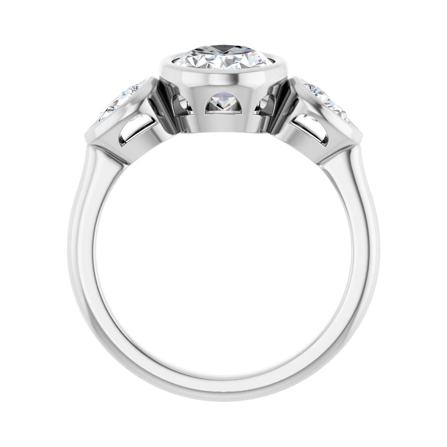 Oval Bezel-Set Three-Stone Engagement Ring | Metal Type=14K White Gold | Center Stone Size=2 CT | Image 2