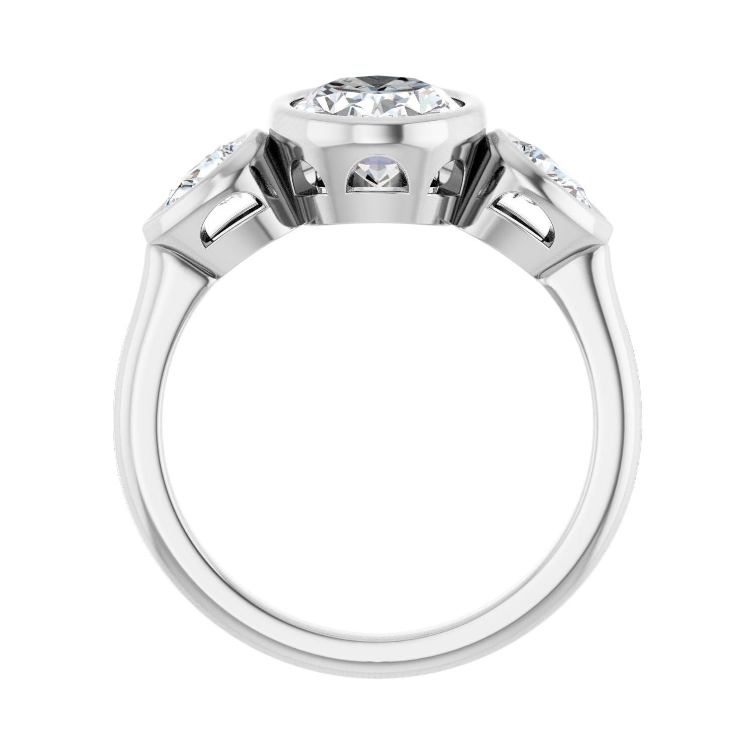 Oval Bezel-Set Three-Stone Engagement Ring | Metal Type=14K White Gold | Center Stone Size=2 CT | Image 2