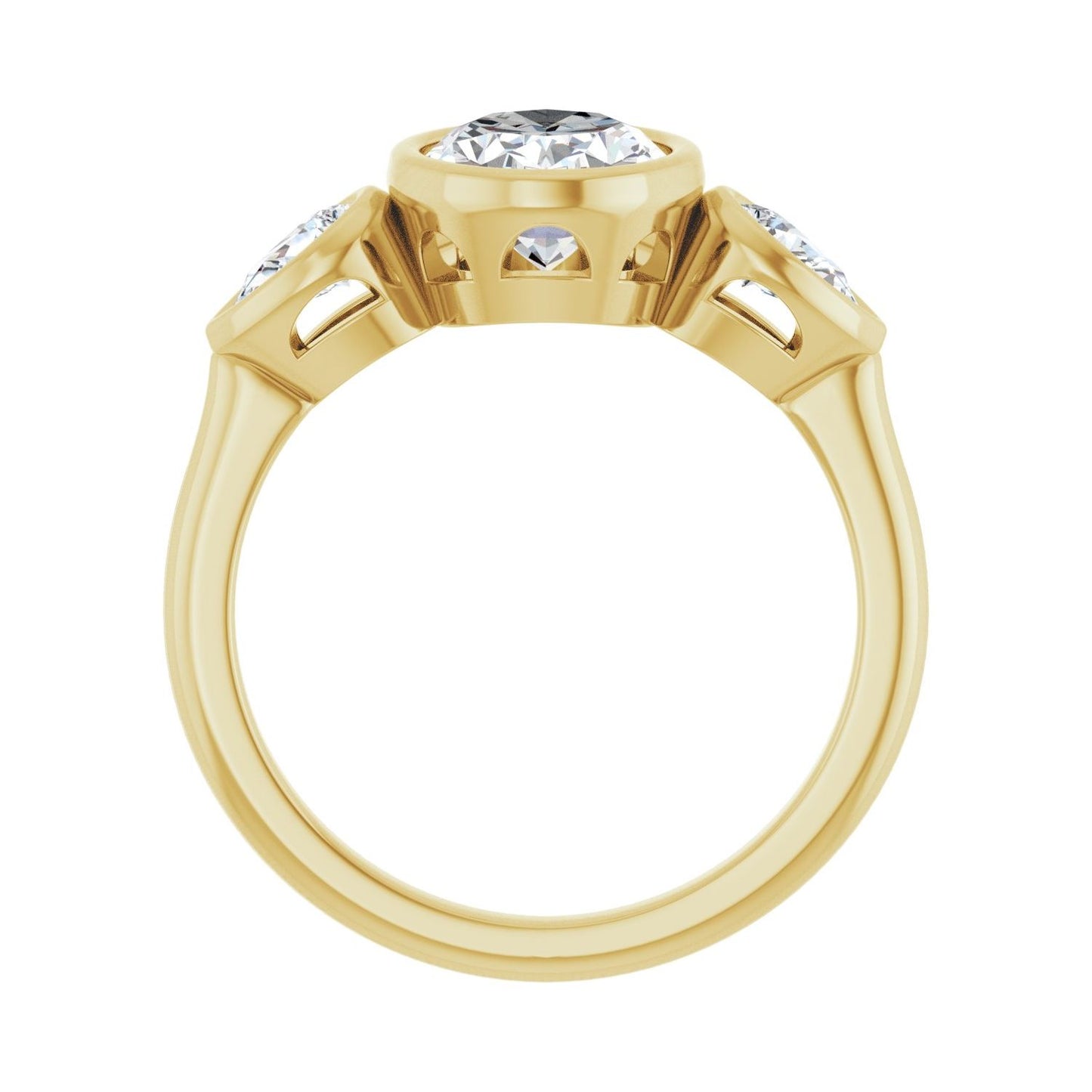 Oval Bezel-Set Three-Stone Engagement Ring | Metal Type=14K Yellow Gold | Center Stone Size=2 CT | Image 2