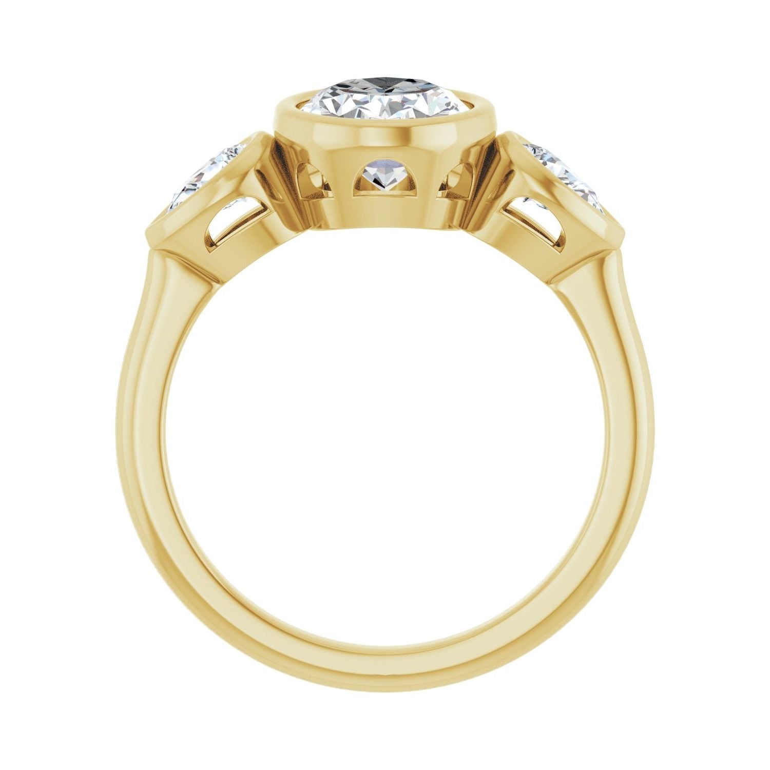 Oval Bezel-Set Three-Stone Engagement Ring | Metal Type=14K Yellow Gold | Center Stone Size=2 CT | Image 2