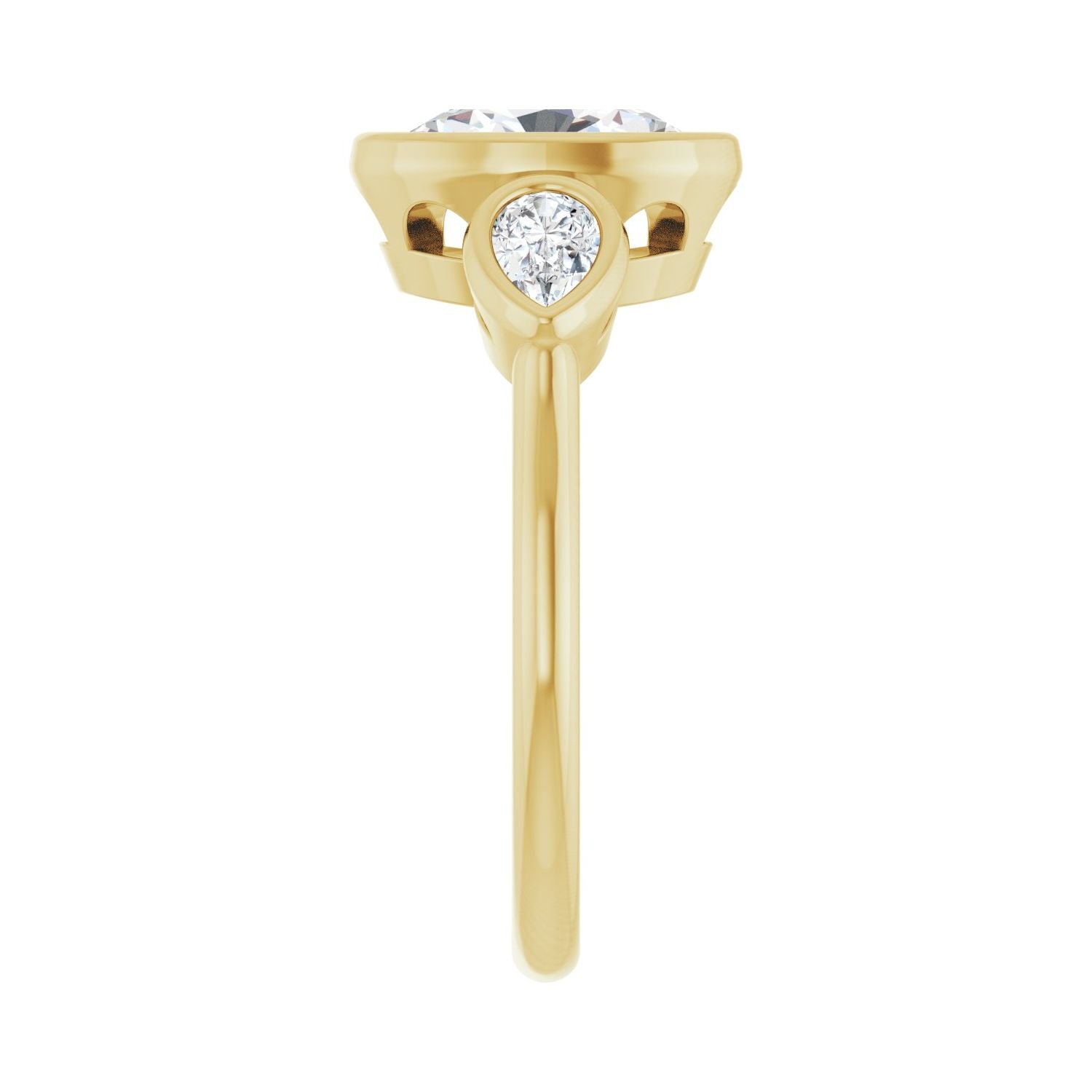 Oval Bezel-Set Three-Stone Engagement Ring | Metal Type=14K Yellow Gold | Center Stone Size=2 CT | Image 4