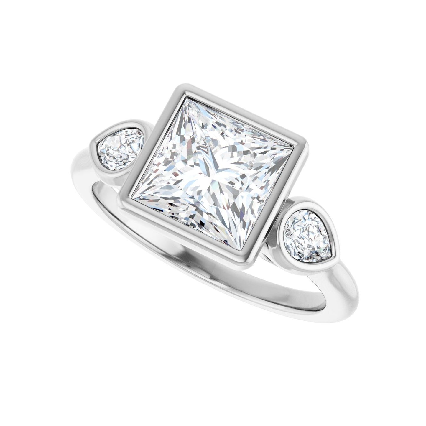 Square Bezel-Set Three-Stone Engagement Ring | Metal Type=14K White Gold | Center Stone Size=2 CT | Image 5