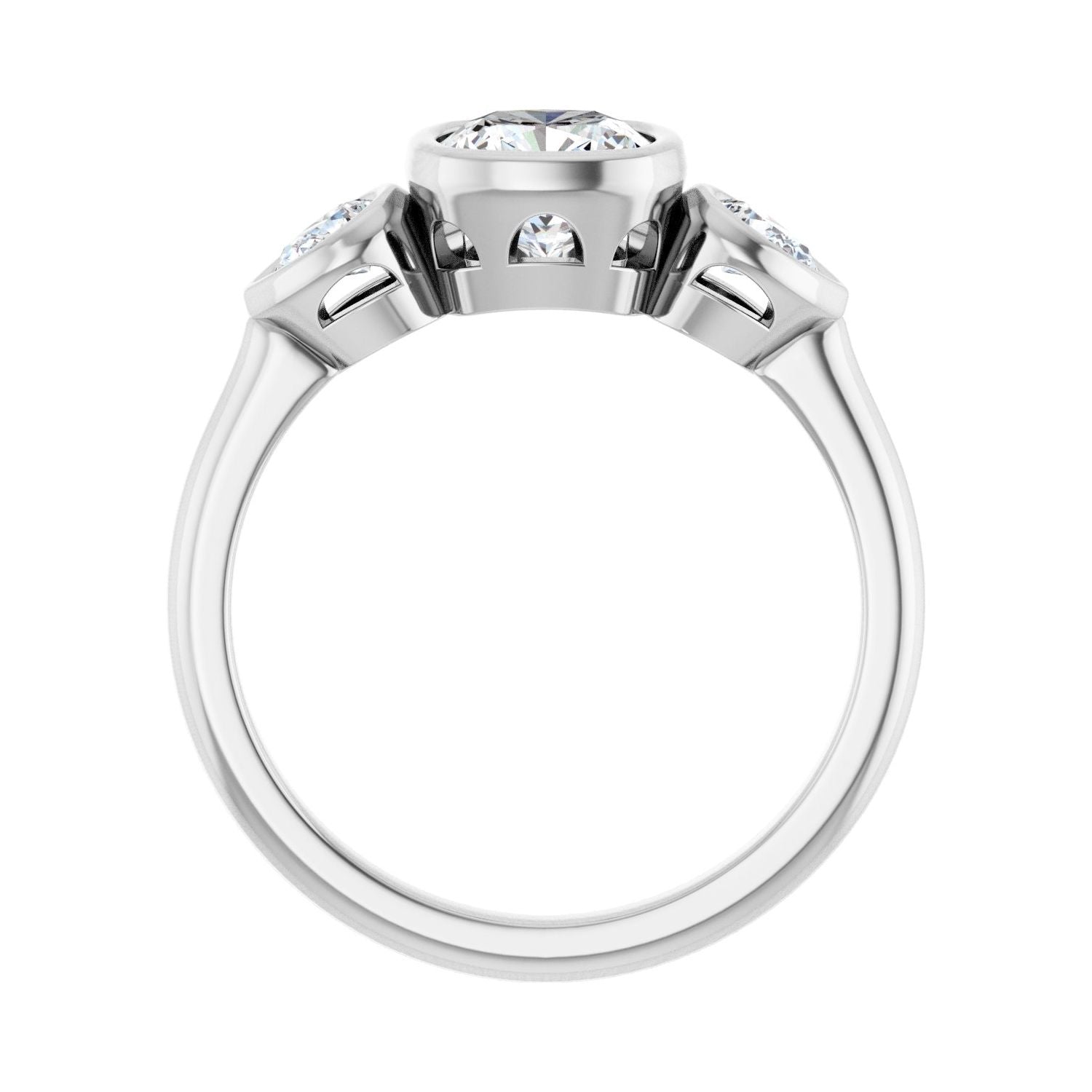 Cushion Bezel-Set Three-Stone Engagement Ring | Metal Type=14K White Gold | Center Stone Size=1 CT | Image 2