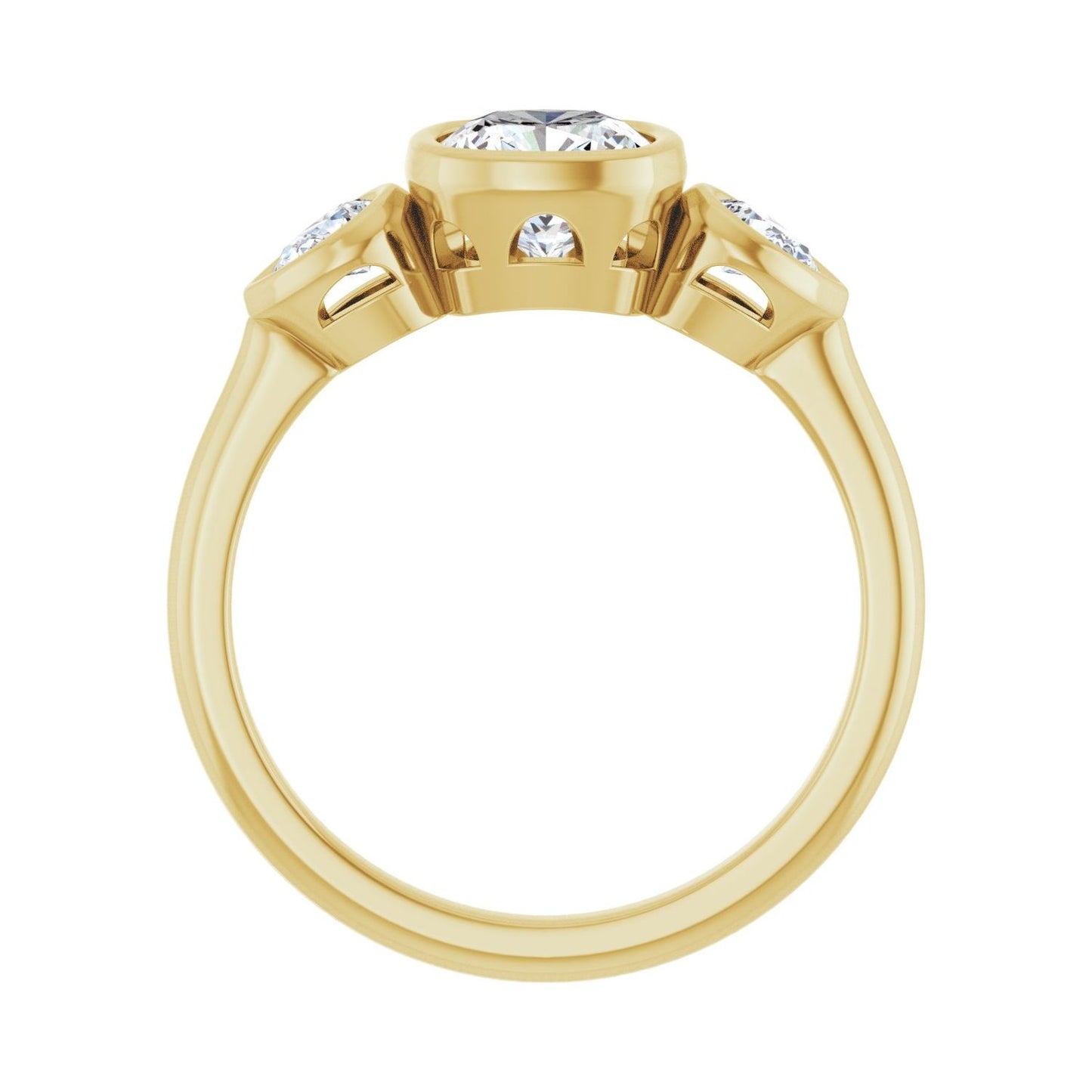 Cushion Bezel-Set Three-Stone Engagement Ring | Metal Type=14K Yellow Gold | Center Stone Size=1 CT | Image 2