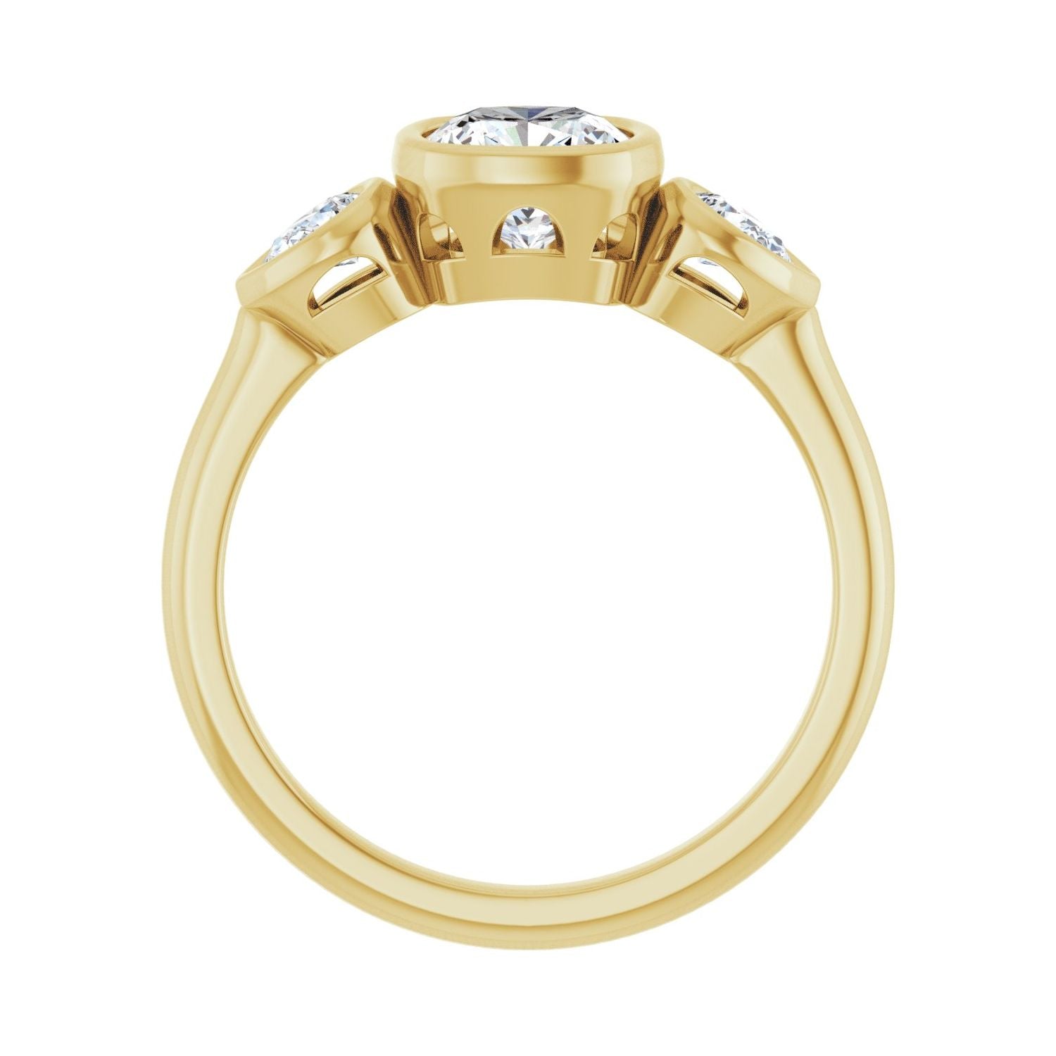 Cushion Bezel-Set Three-Stone Engagement Ring | Metal Type=14K Yellow Gold | Center Stone Size=1 CT | Image 2
