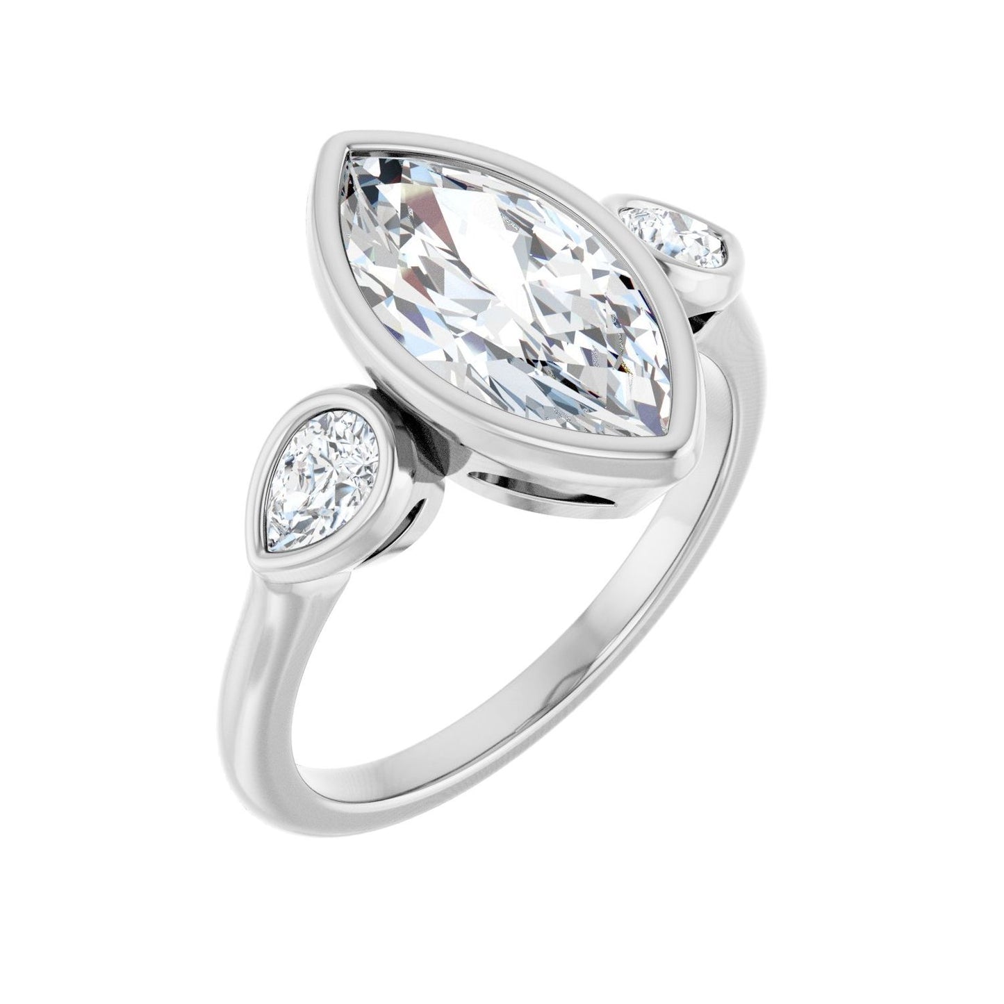Marquise Bezel-Set Three-Stone Engagement Ring | Metal Type=14K White Gold | Center Stone Size=2 CT | Image 1