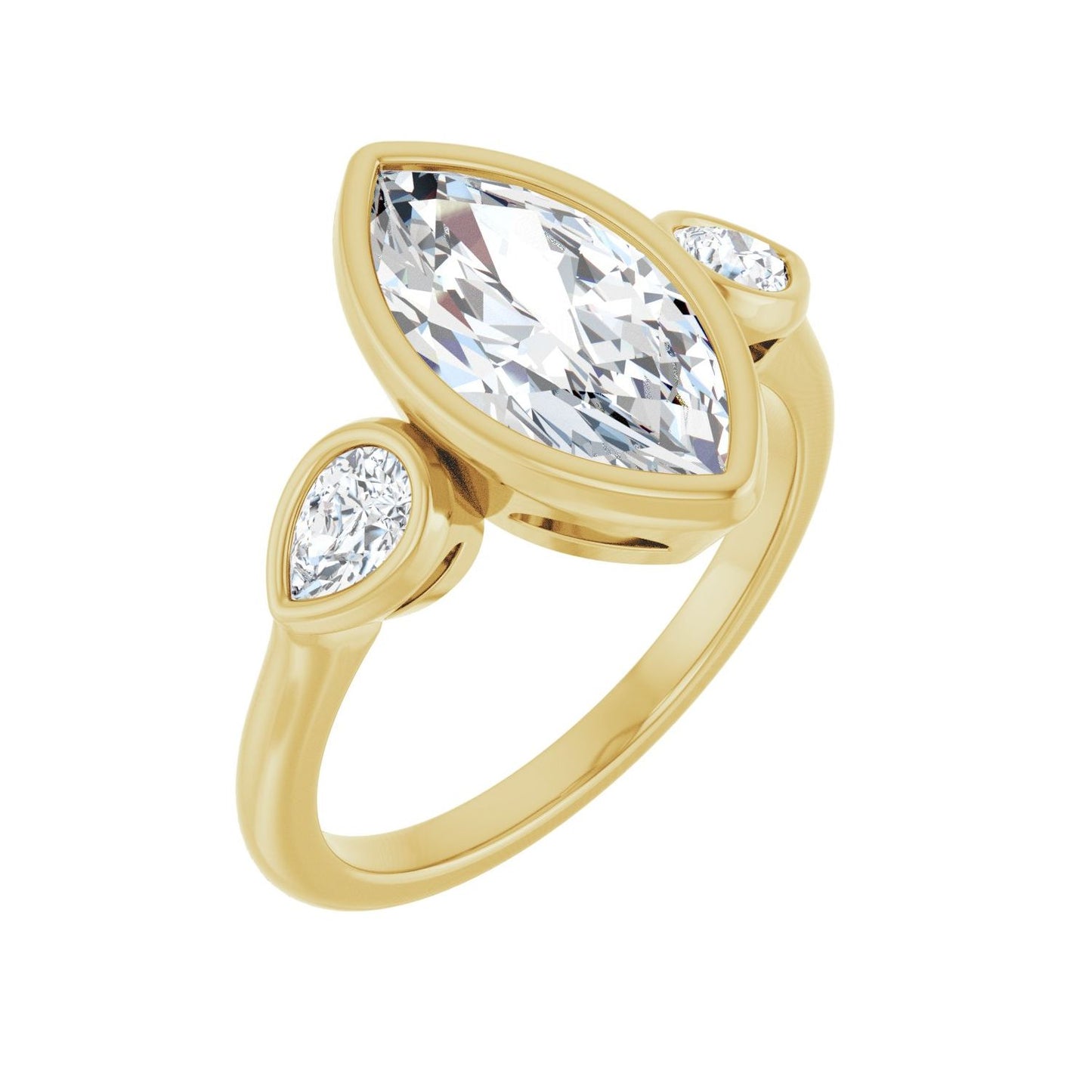 Marquise Bezel-Set Three-Stone Engagement Ring | Metal Type=14K Yellow Gold | Center Stone Size=2 CT | Image 1