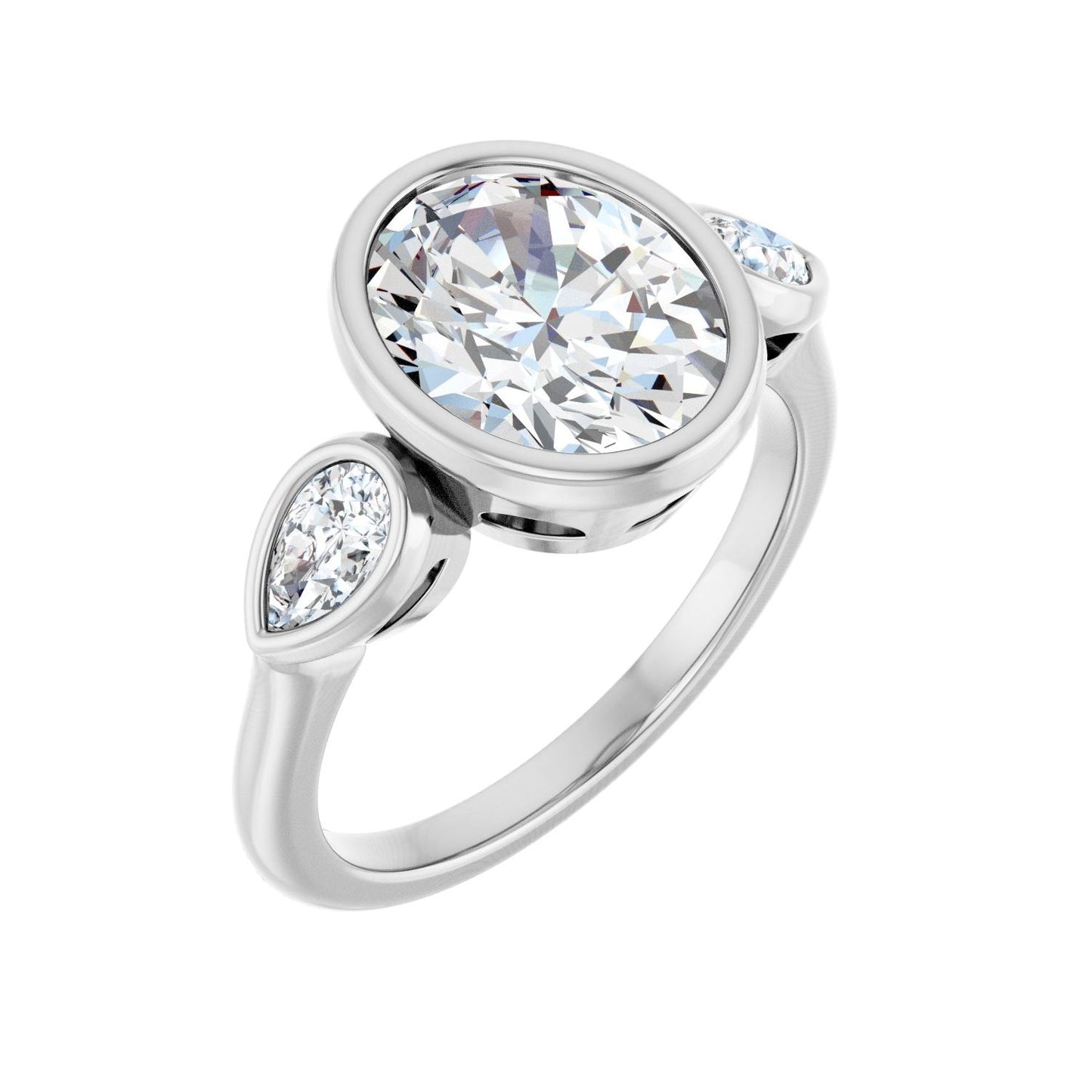 Oval Bezel-Set Three-Stone Engagement Ring | Metal Type=14K White Gold | Center Stone Size=2.5 CT | Image 1