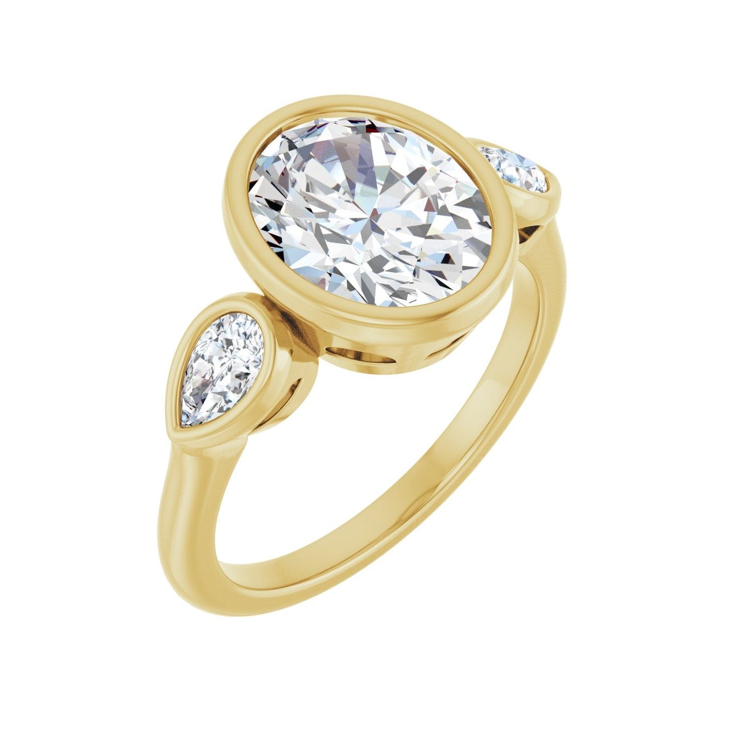 Oval Bezel-Set Three-Stone Engagement Ring | Metal Type=14K Yellow Gold | Center Stone Size=2.5 CT | Image 1