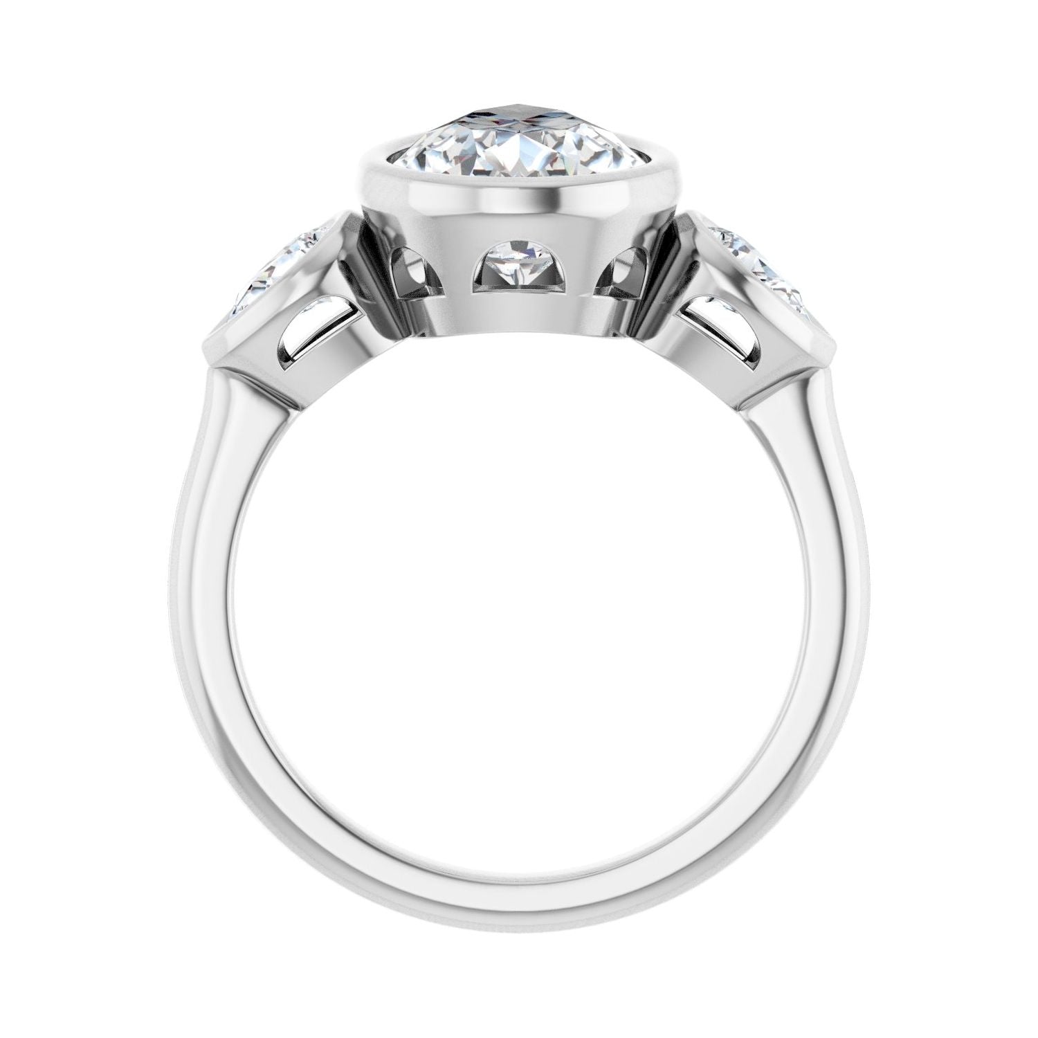 Pear Bezel-Set Three-Stone Engagement Ring | Metal Type=14K White Gold | Center Stone Size=3 CT | Image 2