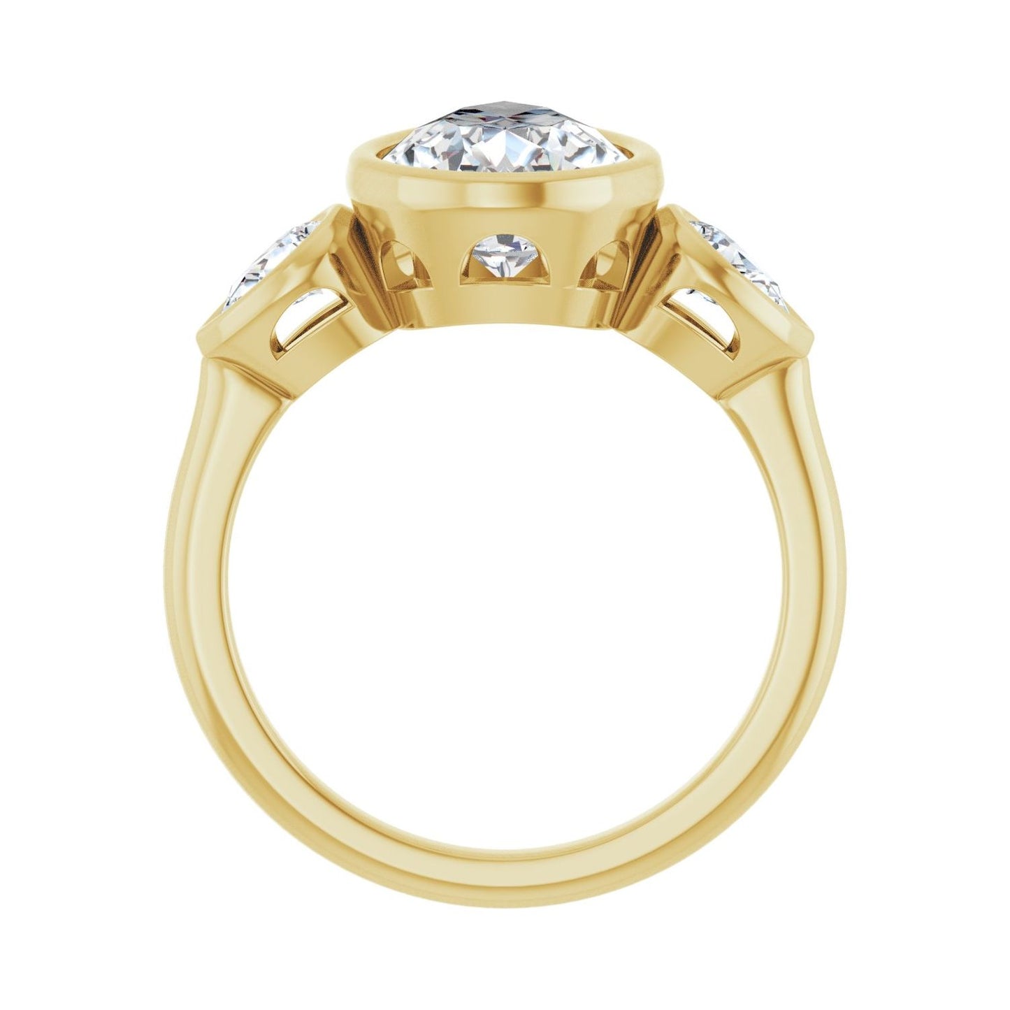 Pear Bezel-Set Three-Stone Engagement Ring | Metal Type=14K Yellow Gold | Center Stone Size=3 CT | Image 2