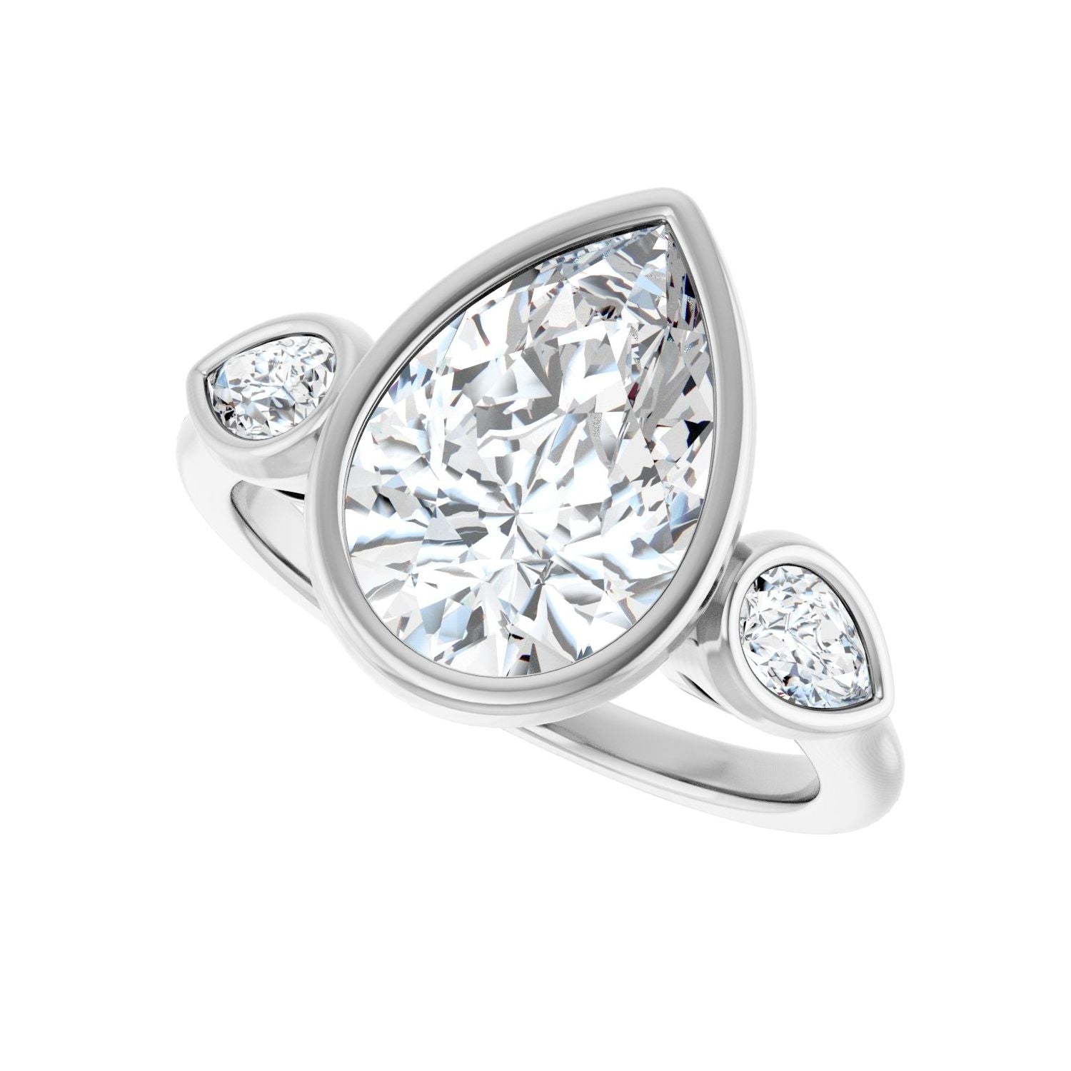 Pear Bezel-Set Three-Stone Engagement Ring | Metal Type=14K White Gold | Center Stone Size=3 CT | Image 5
