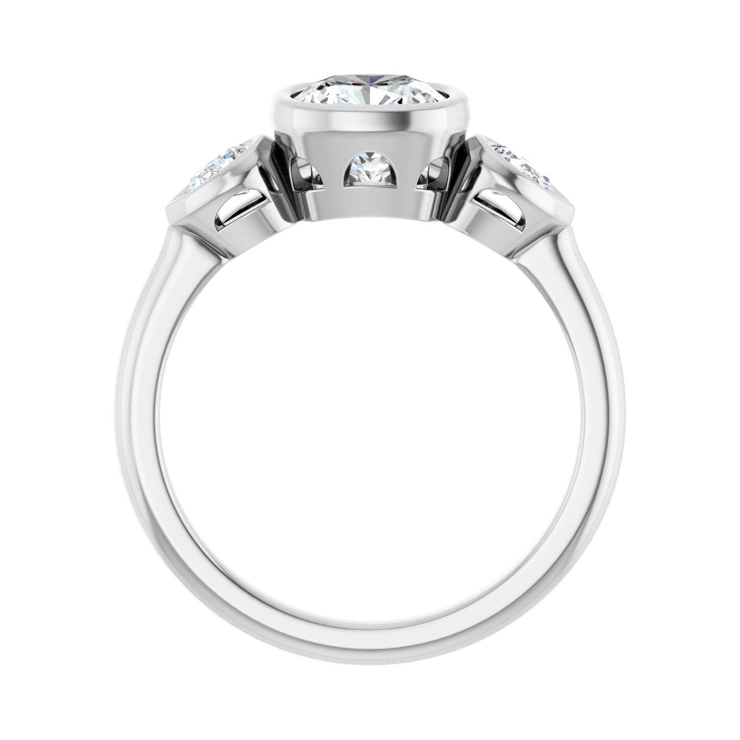 Cushion Bezel-Set Three-Stone Engagement Ring | Metal Type=14K White Gold | Center Stone Size=1.5 CT | Image 2