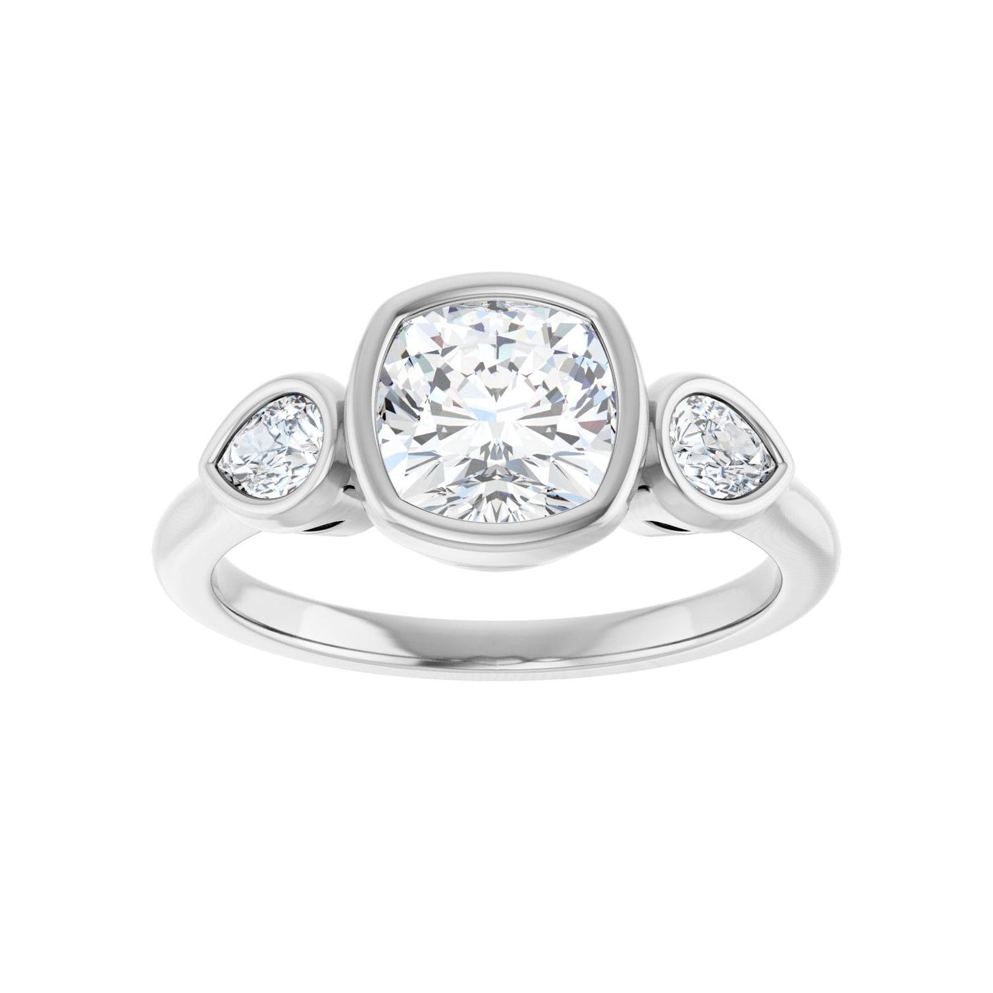 Cushion Bezel-Set Three-Stone Engagement Ring | Metal Type=14K White Gold | Center Stone Size=1.5 CT | Image 3