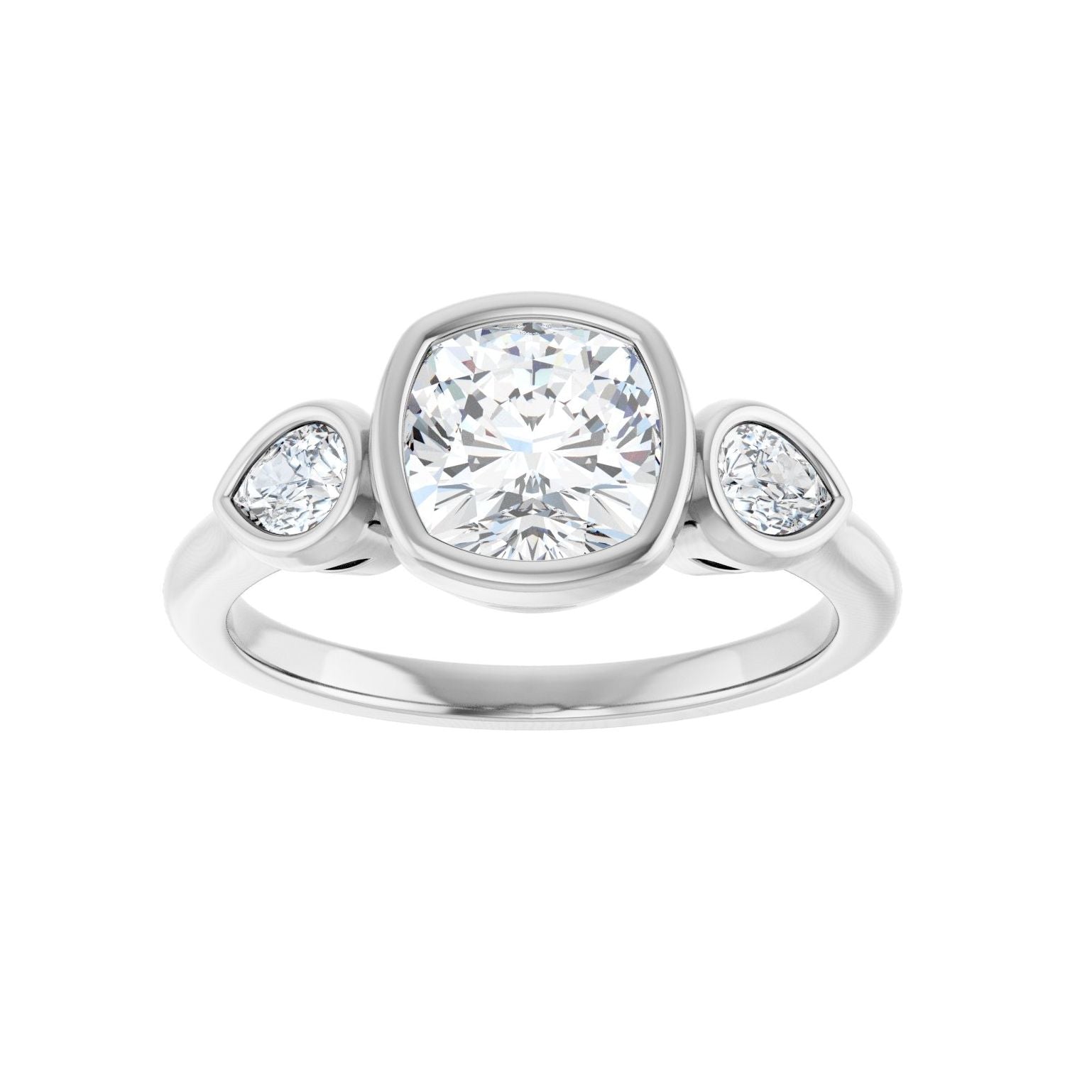 Cushion Bezel-Set Three-Stone Engagement Ring | Metal Type=14K White Gold | Center Stone Size=1.5 CT | Image 3