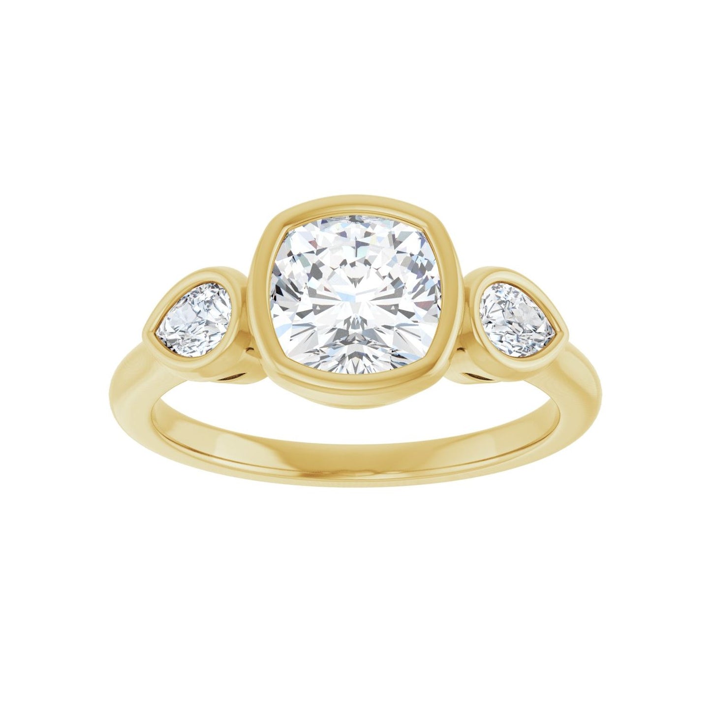 Cushion Bezel-Set Three-Stone Engagement Ring | Metal Type=14K Yellow Gold | Center Stone Size=1.5 CT | Image 3