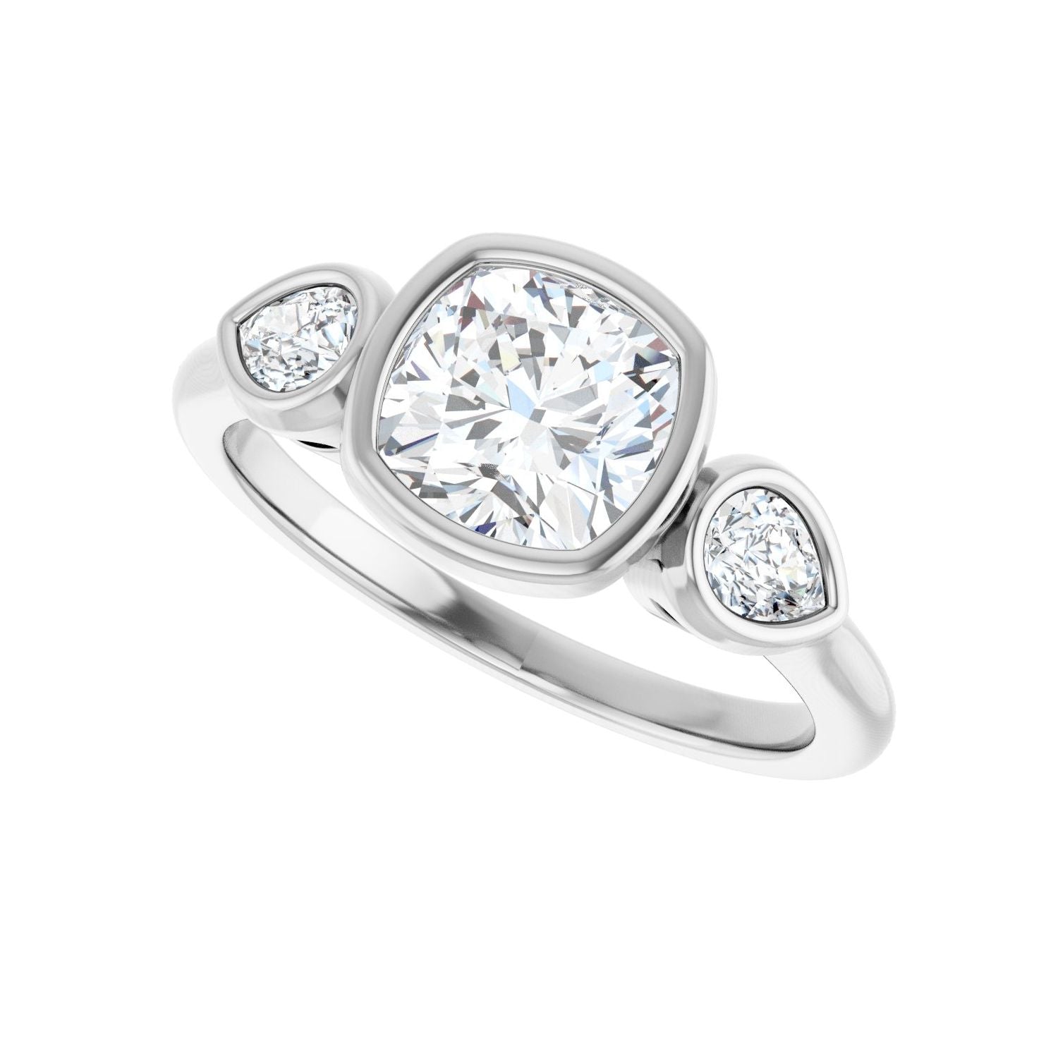 Cushion Bezel-Set Three-Stone Engagement Ring | Metal Type=14K White Gold | Center Stone Size=1.5 CT | Image 5