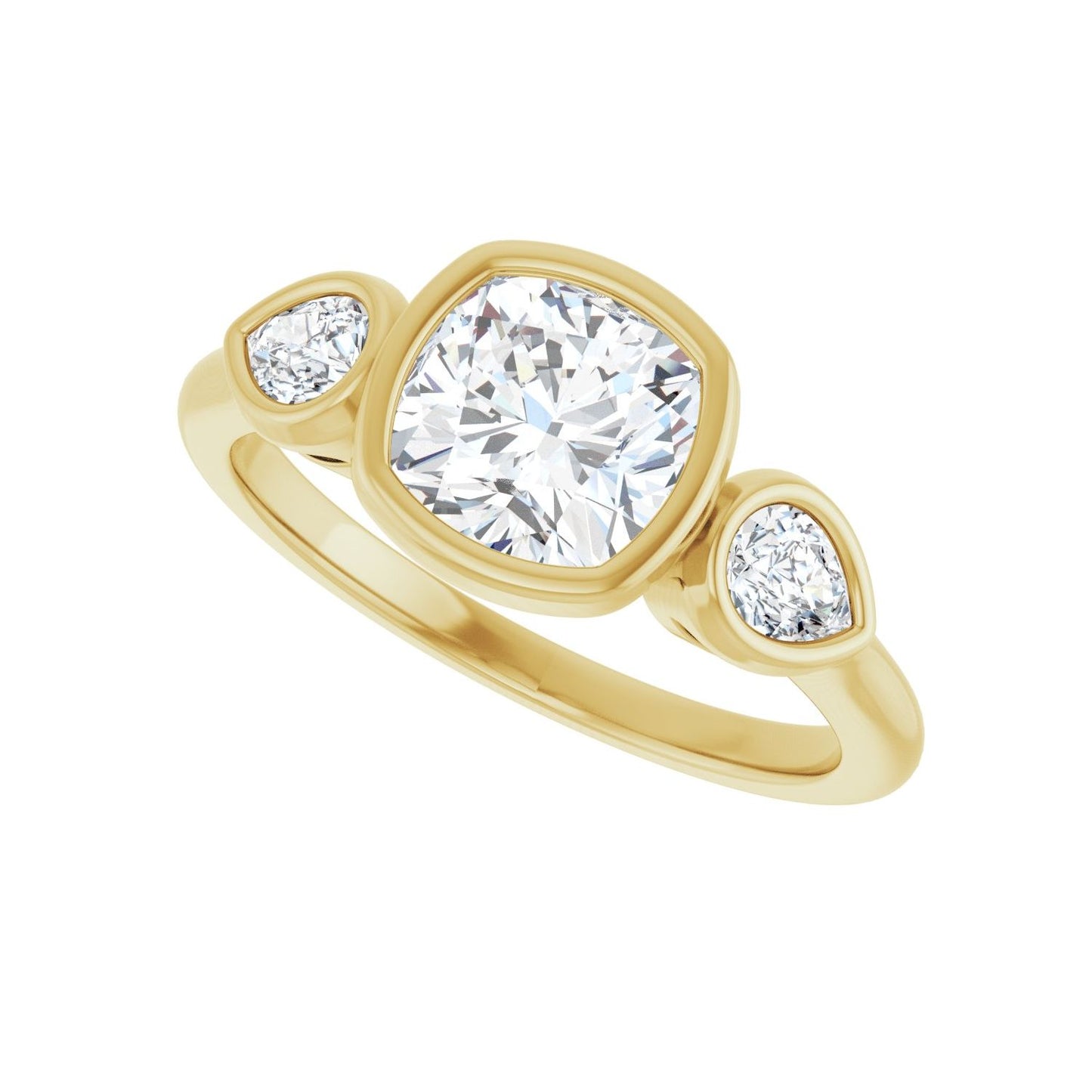 Cushion Bezel-Set Three-Stone Engagement Ring | Metal Type=14K Yellow Gold | Center Stone Size=1.5 CT | Image 5