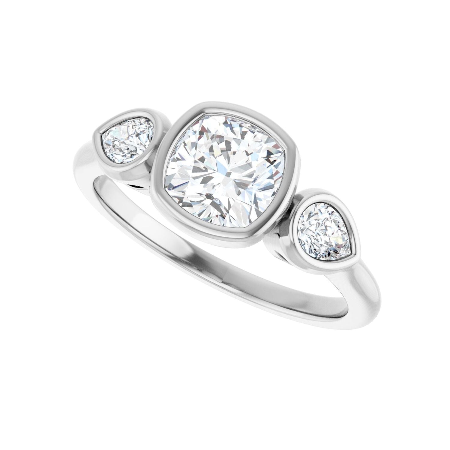 Cushion Bezel-Set Three-Stone Engagement Ring | Metal Type=14K White Gold | Center Stone Size=1 CT | Image 5