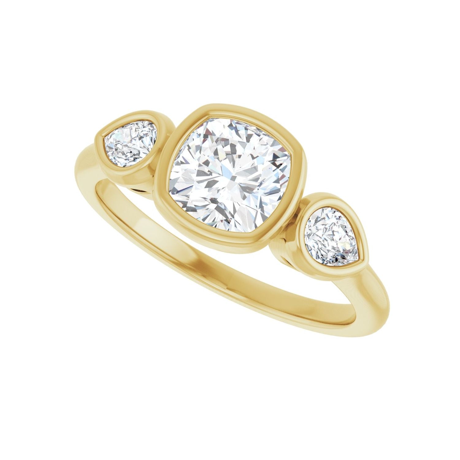Cushion Bezel-Set Three-Stone Engagement Ring | Metal Type=14K Yellow Gold | Center Stone Size=1 CT | Image 5